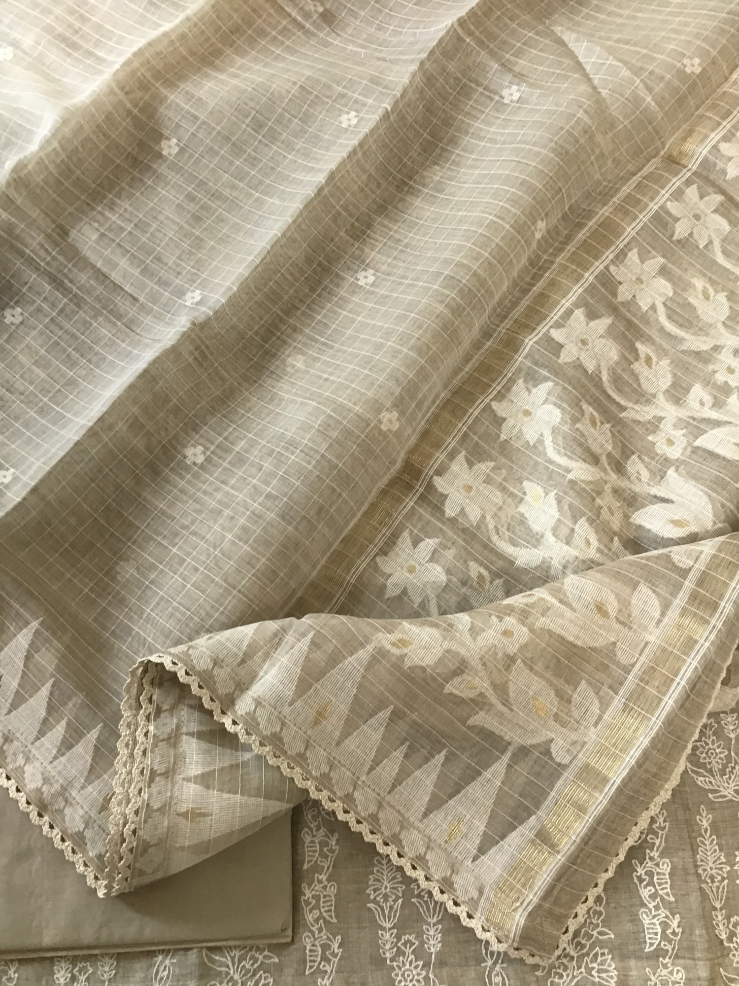 Soft Slub Chanderi Embroidered Suit - Beige