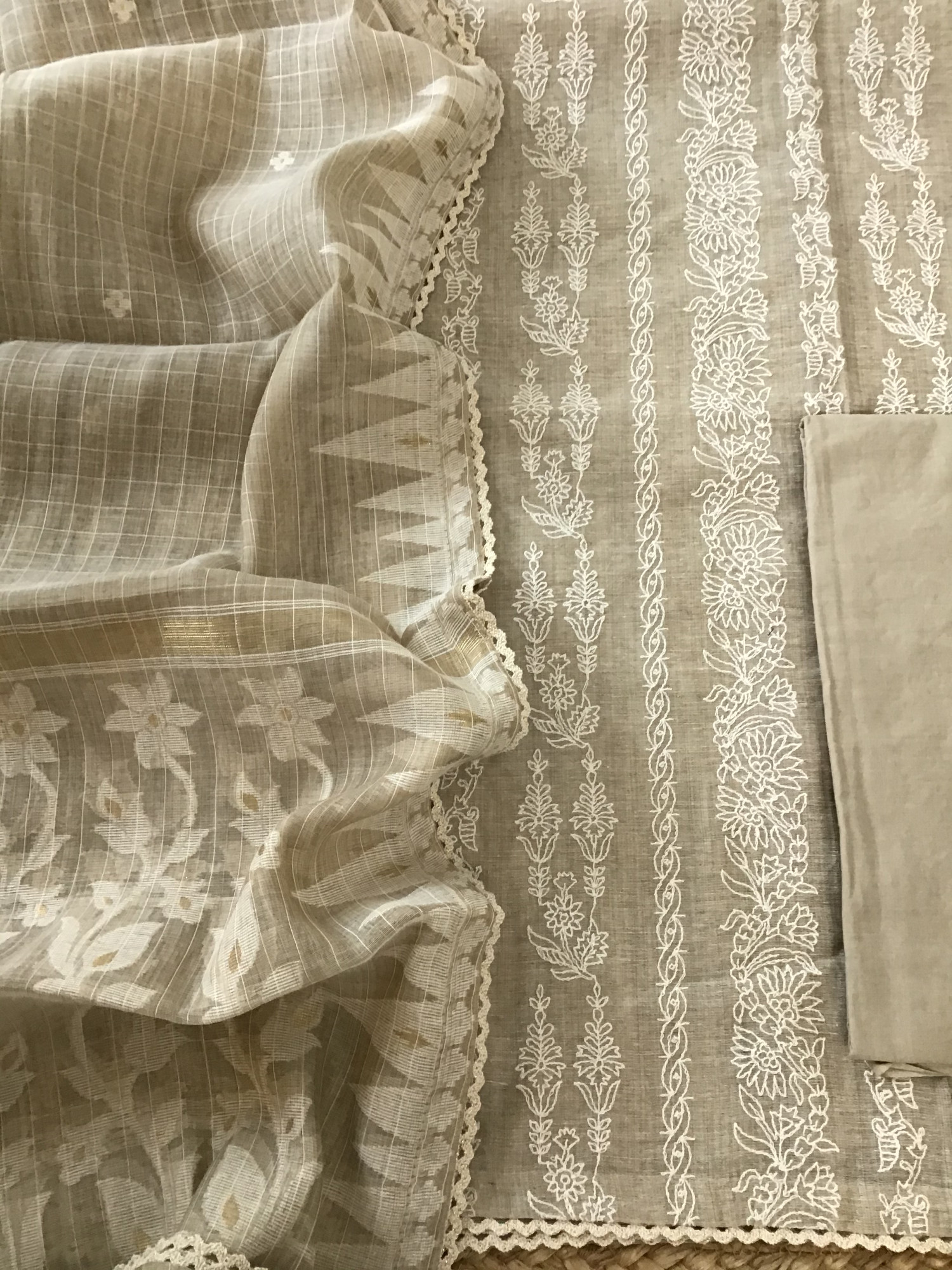 Soft Slub Chanderi Embroidered Suit - Beige