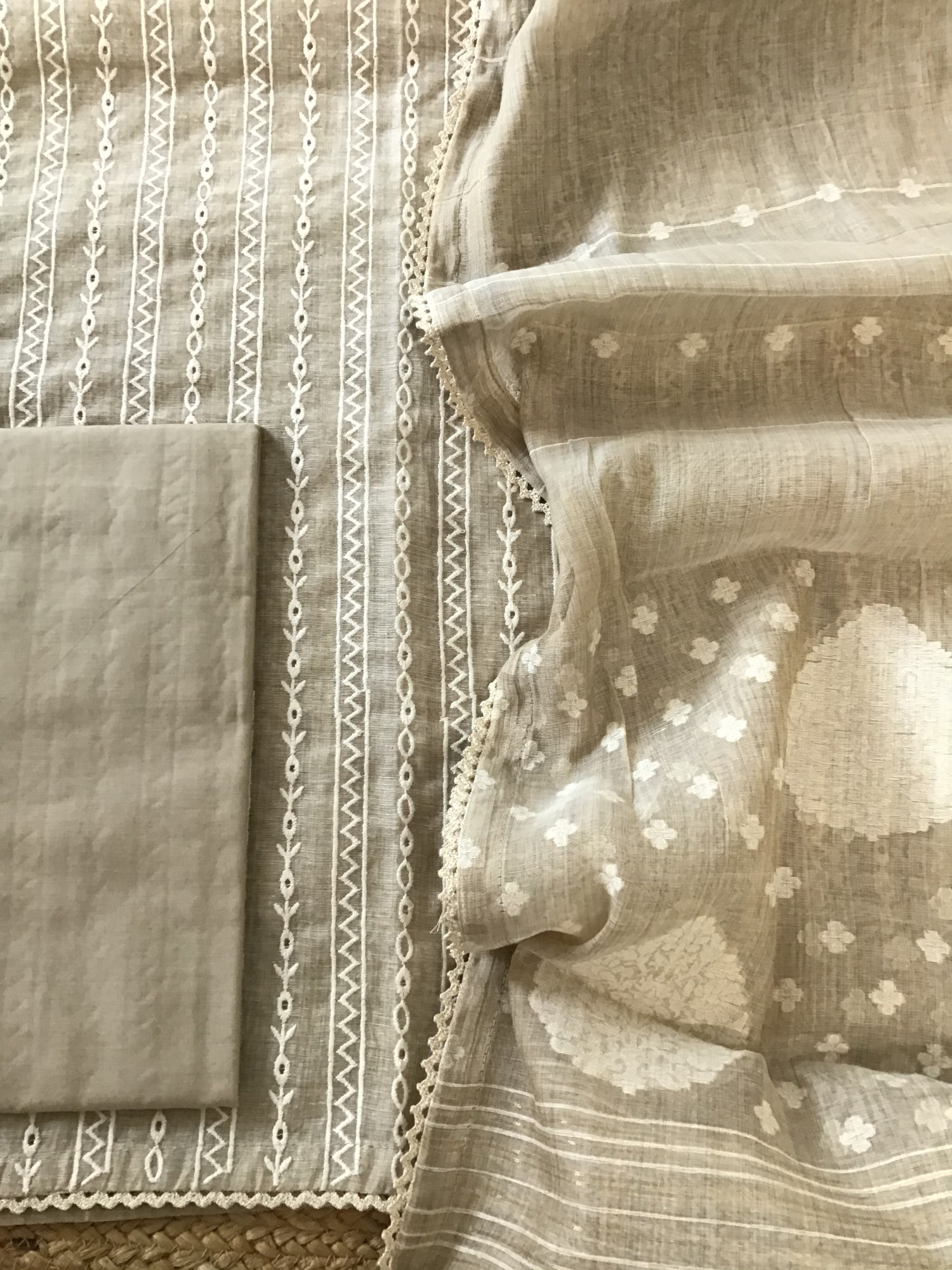 Soft Slub Chanderi Embroidered Suit - Beige