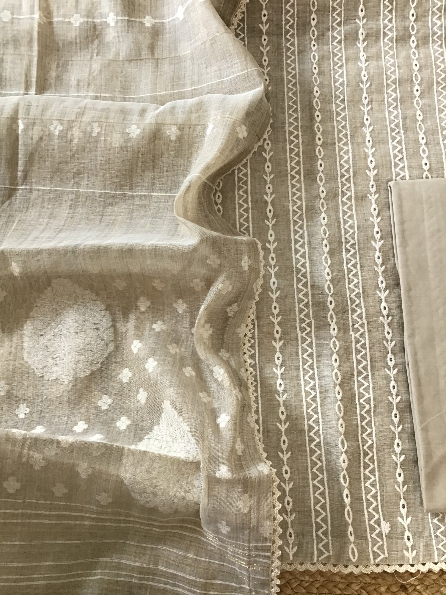 Soft Slub Chanderi Embroidered Suit - Beige