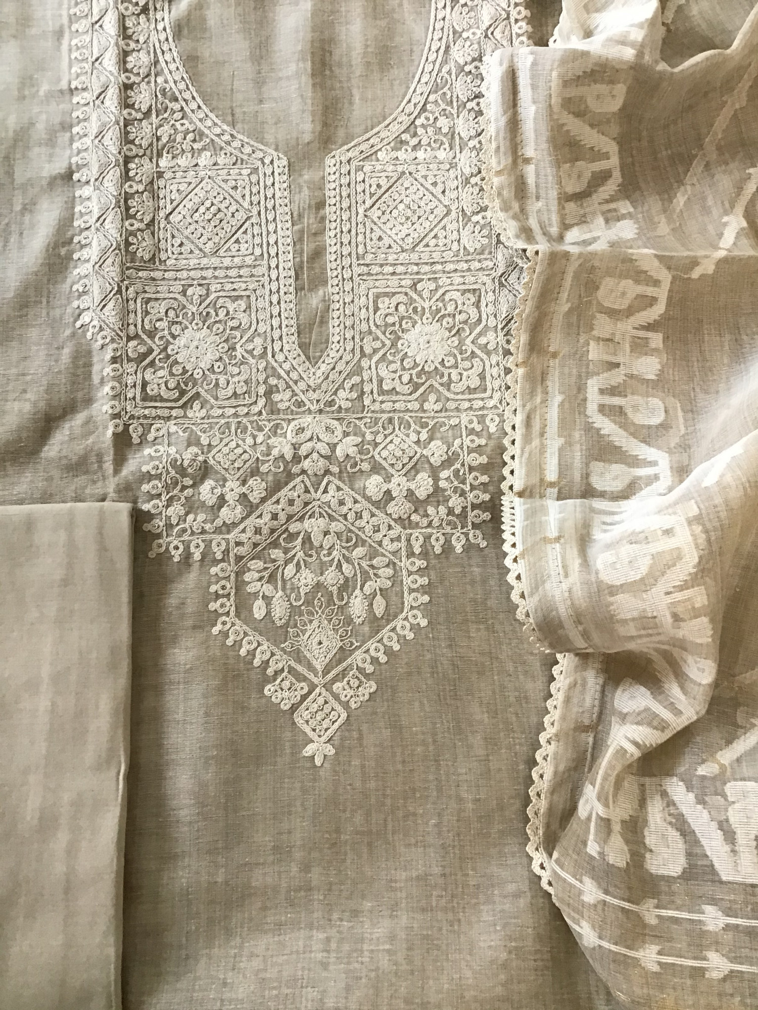 Soft Slub Chanderi Embroidered Suit - Beige
