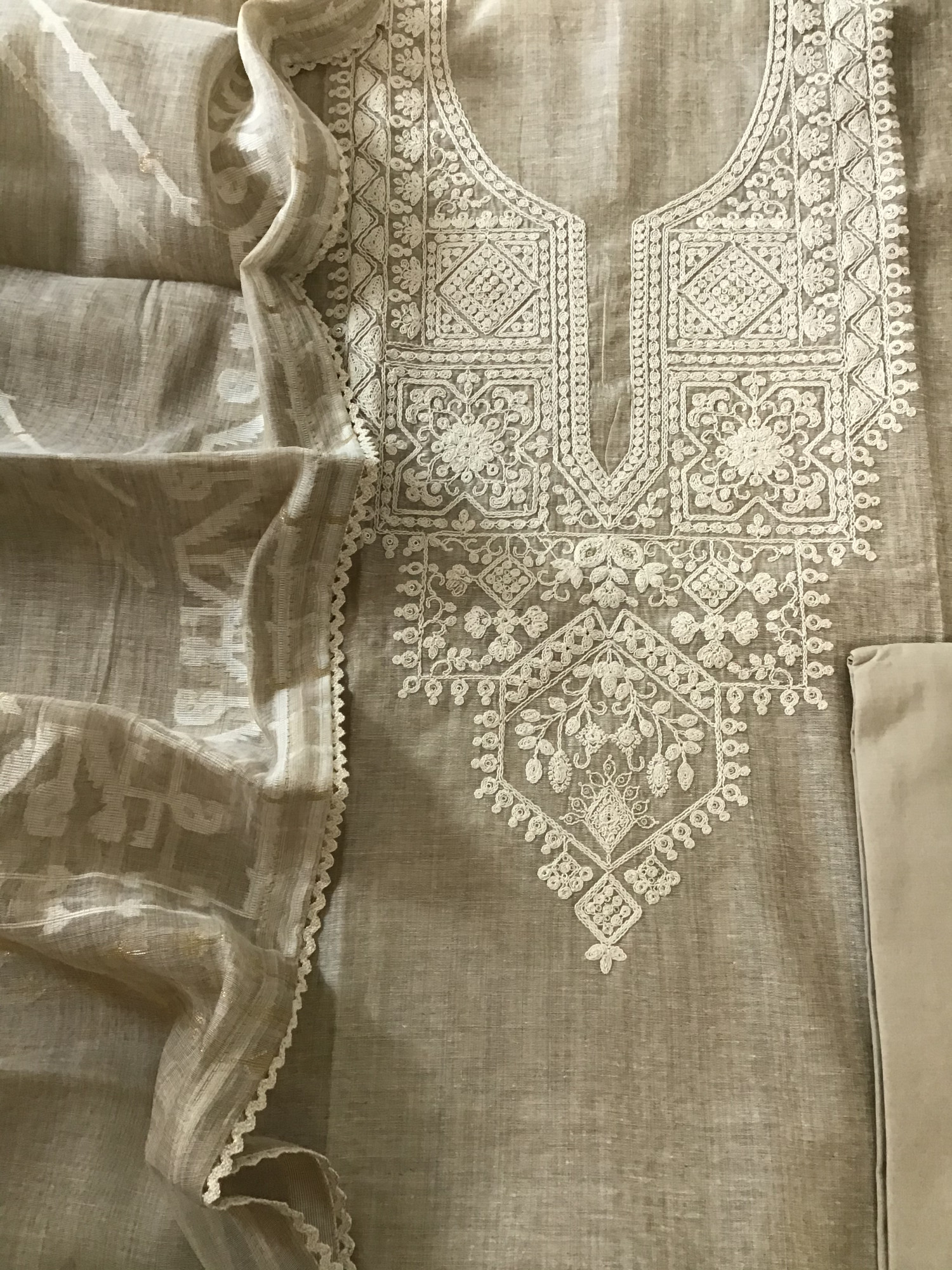 Soft Slub Chanderi Embroidered Suit - Beige