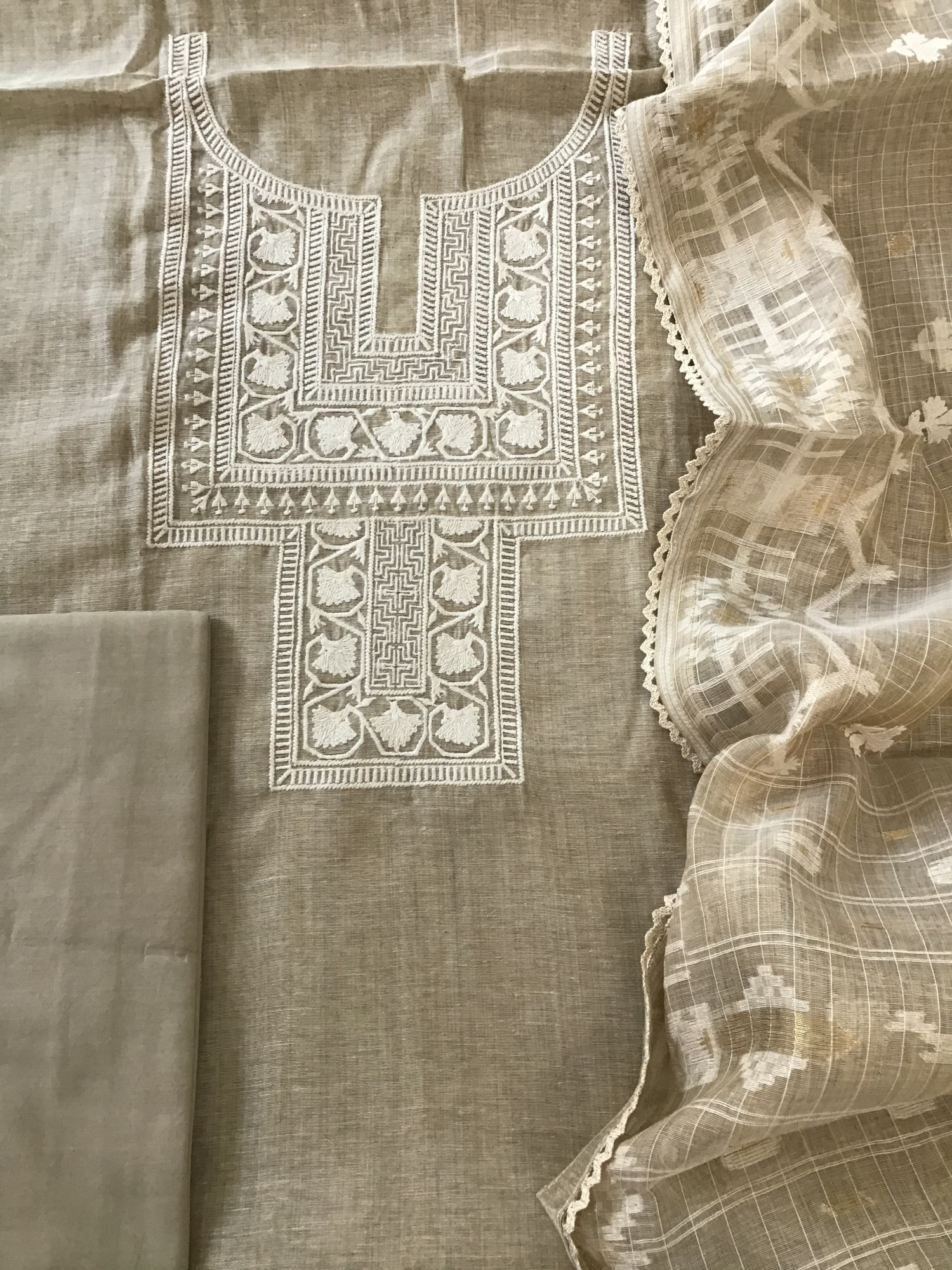 Soft Slub Chanderi Embroidered Suit - Beige