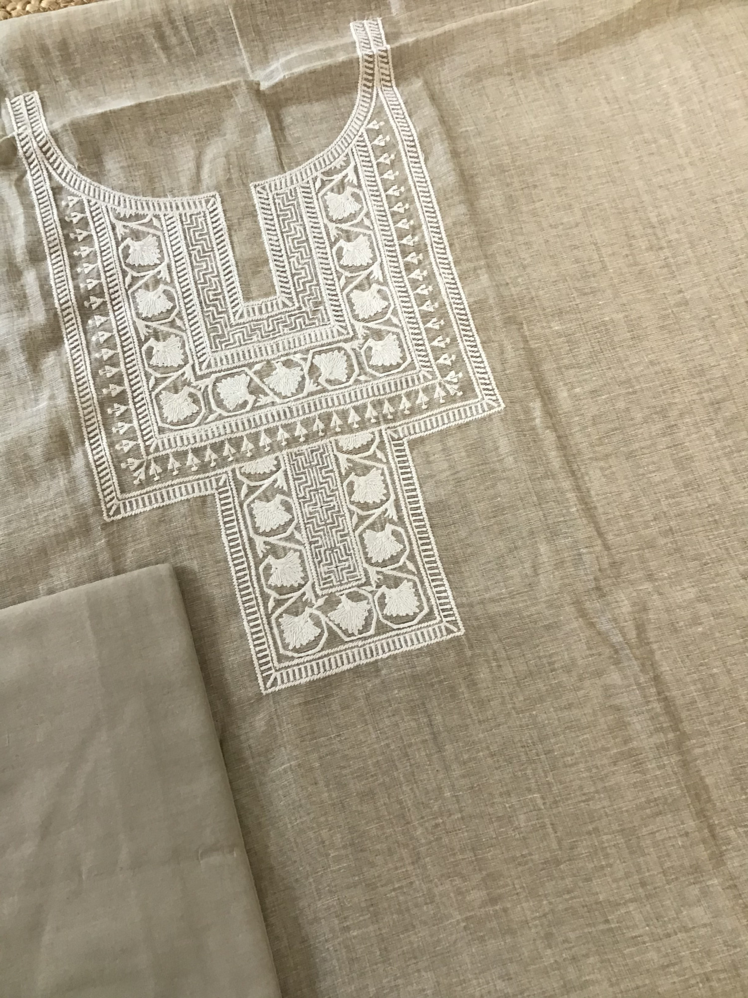 Soft Slub Chanderi Embroidered Suit - Beige