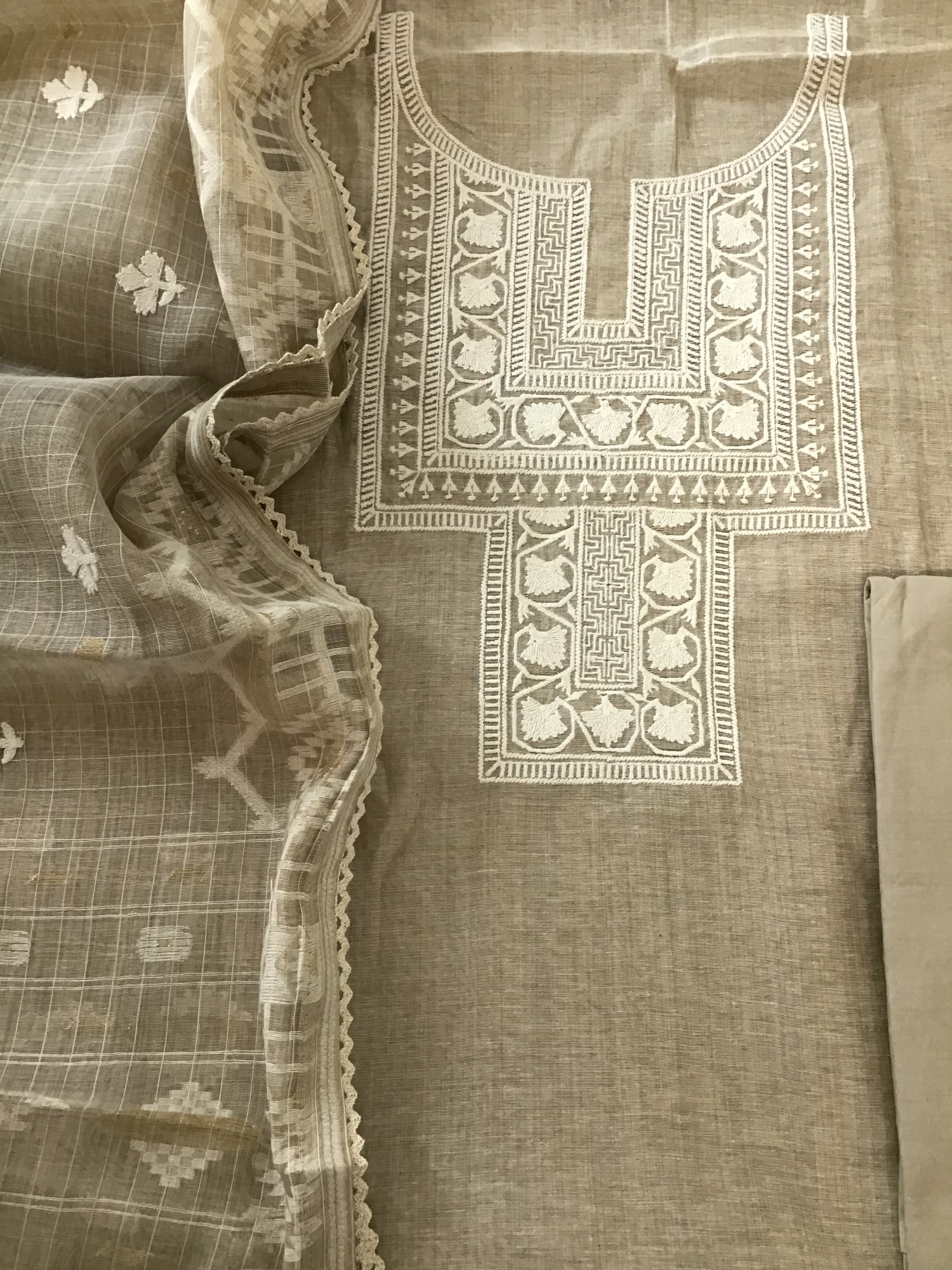 Soft Slub Chanderi Embroidered Suit - Beige