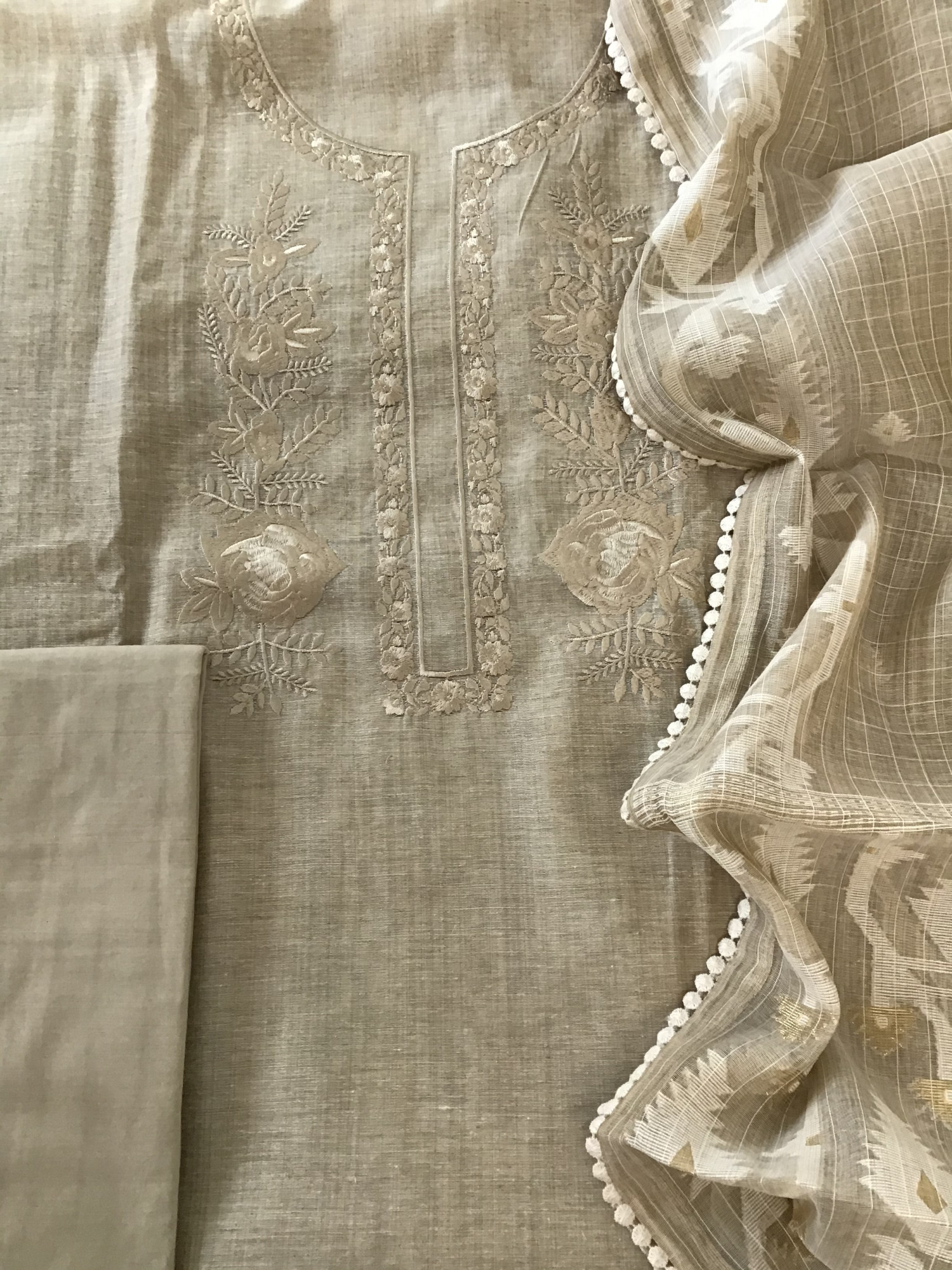 Soft Slub Chanderi Embroidered Suit - Beige