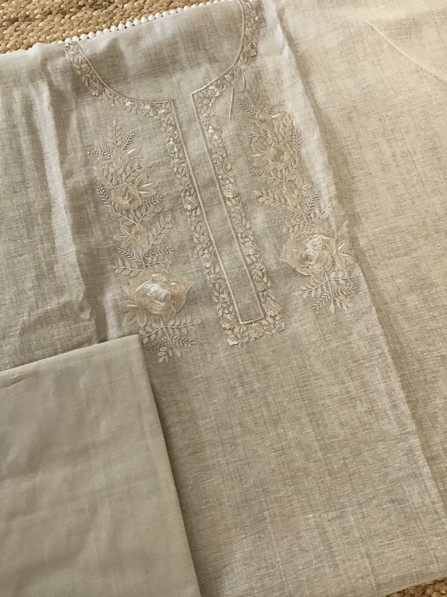 Soft Slub Chanderi Embroidered Suit - Beige