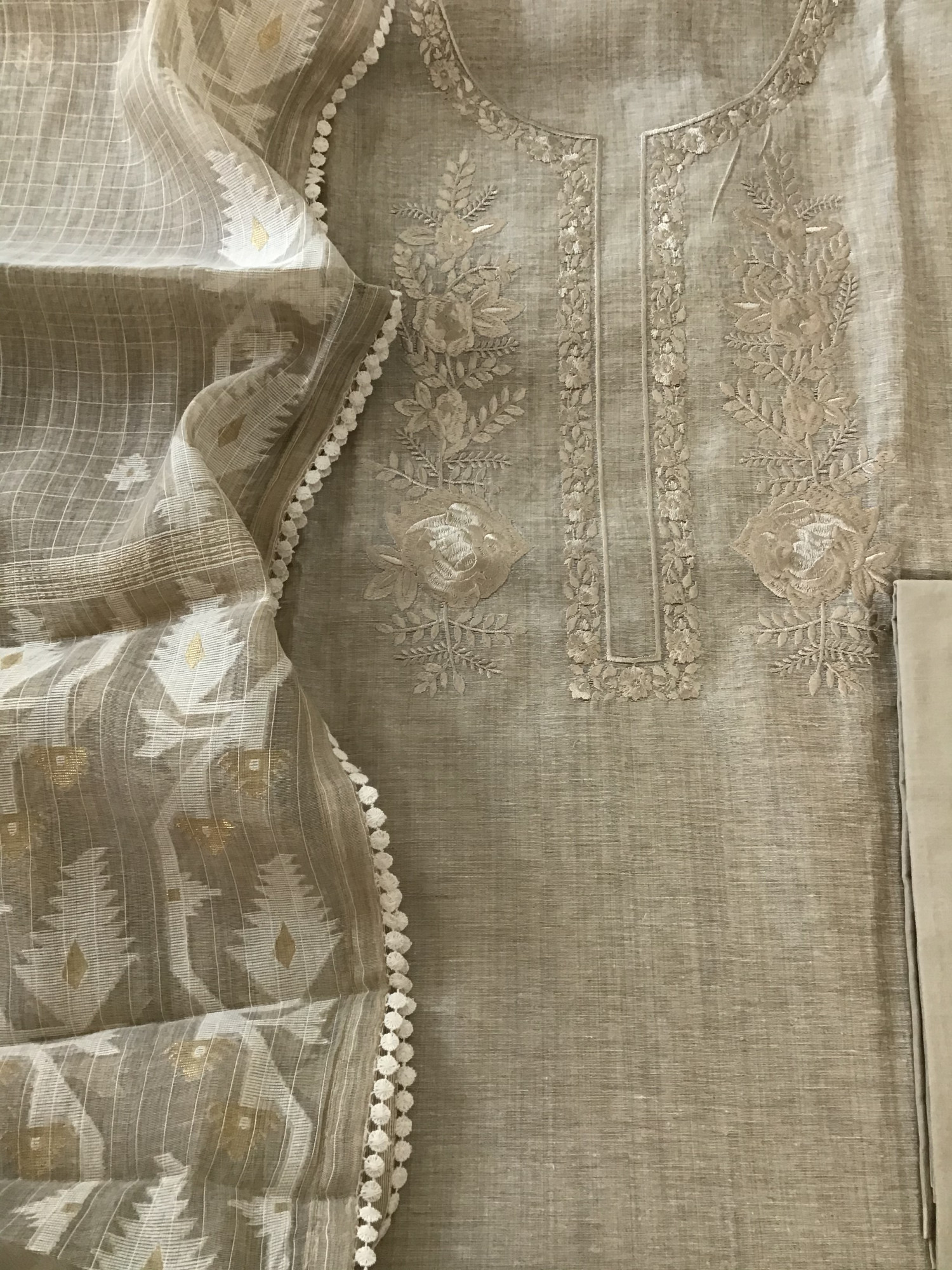 Soft Slub Chanderi Embroidered Suit - Beige