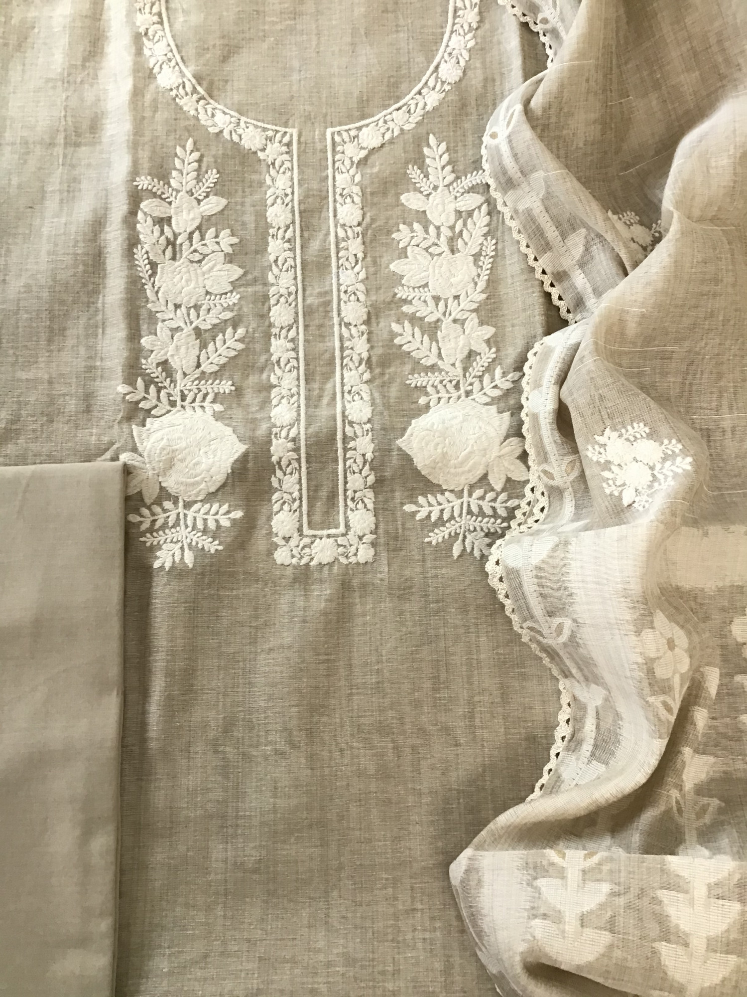 Soft Slub Chanderi Embroidered Suit - Beige