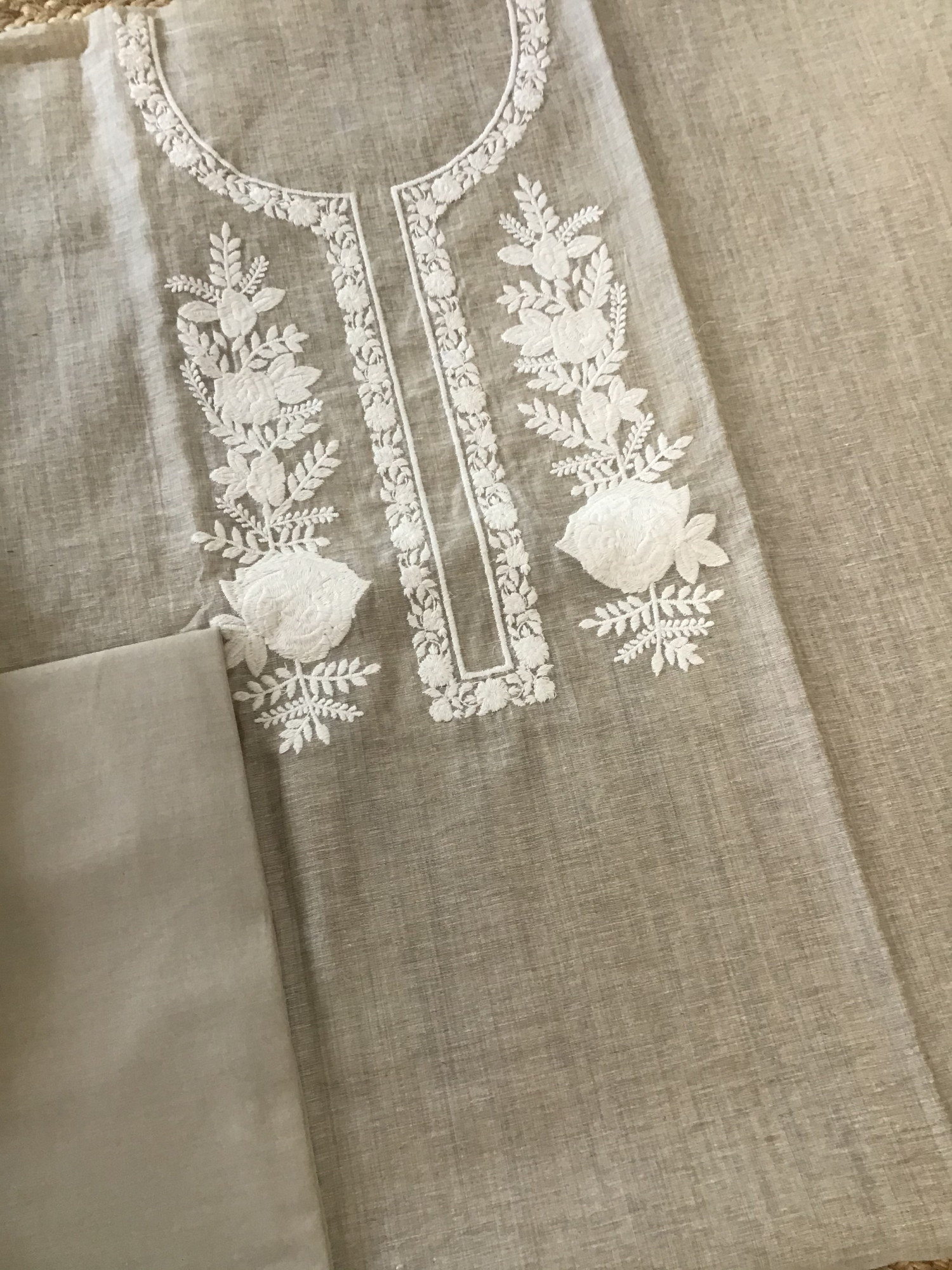 Soft Slub Chanderi Embroidered Suit - Beige