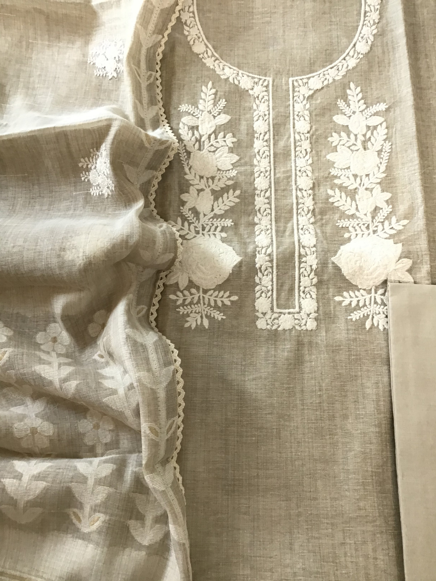 Soft Slub Chanderi Embroidered Suit - Beige