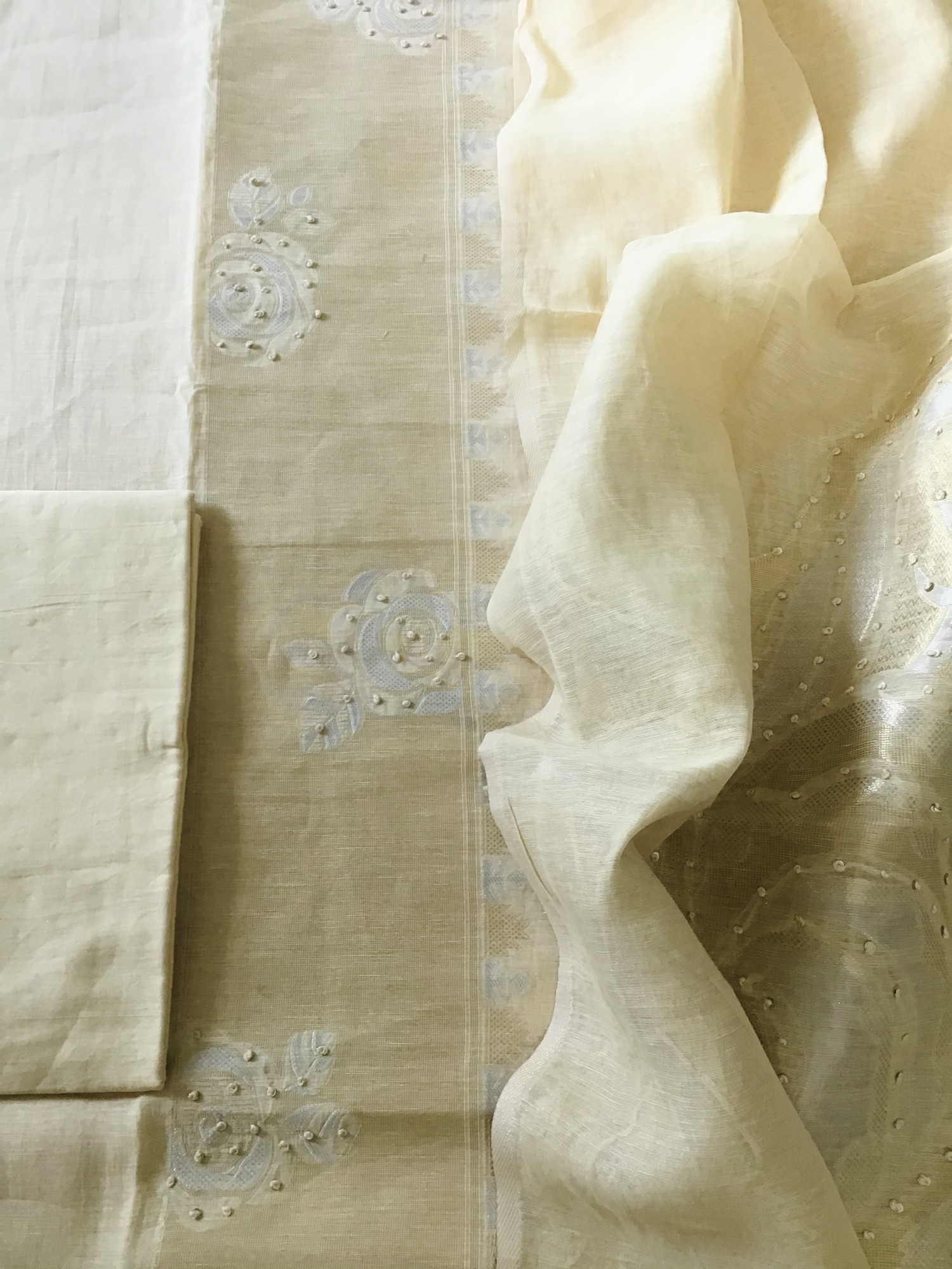 Soft Slub Chanderi Banarasi Weaved Embroidered Suit - Cream