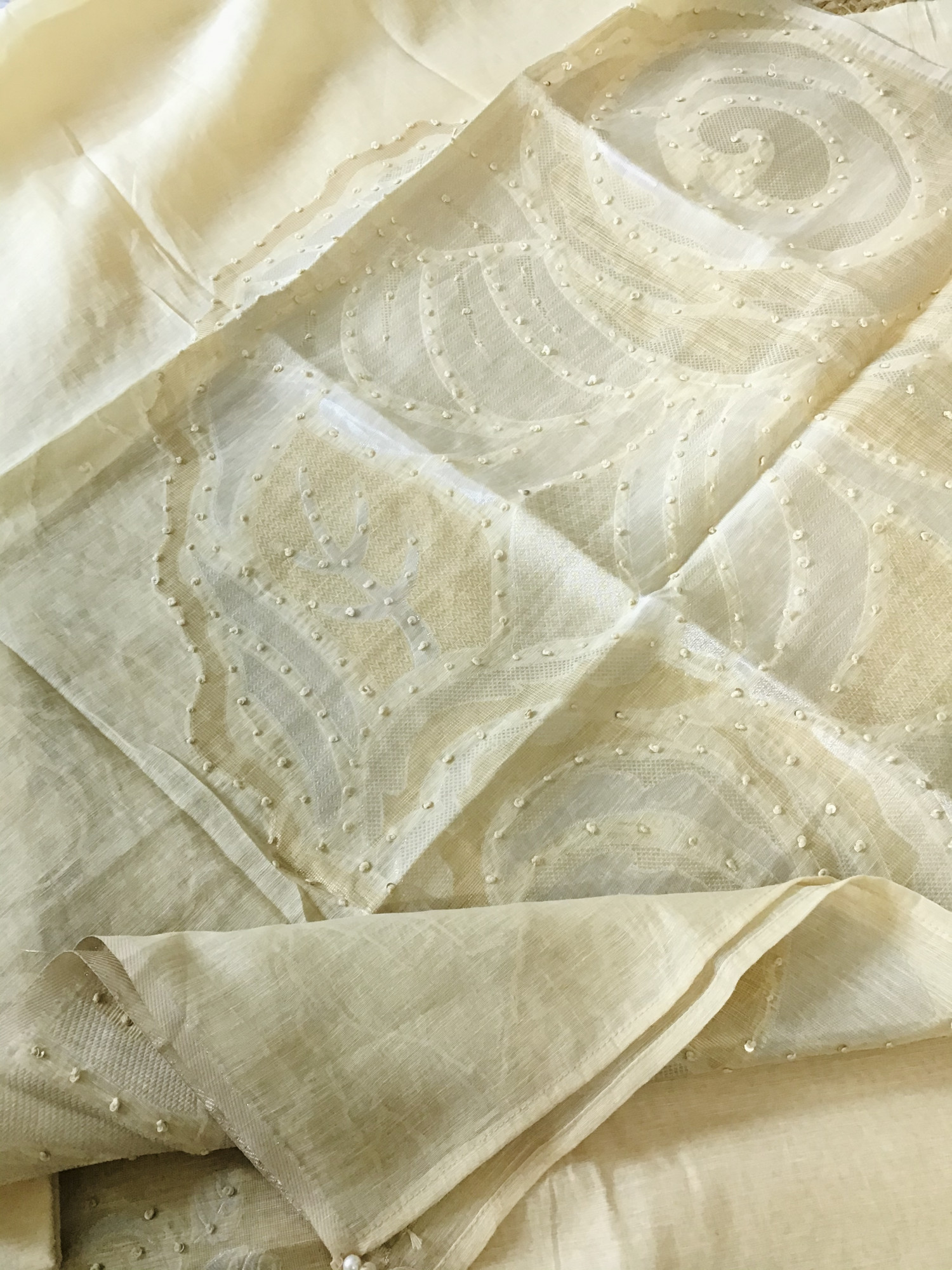 Soft Slub Chanderi Banarasi Weaved Embroidered Suit - Cream