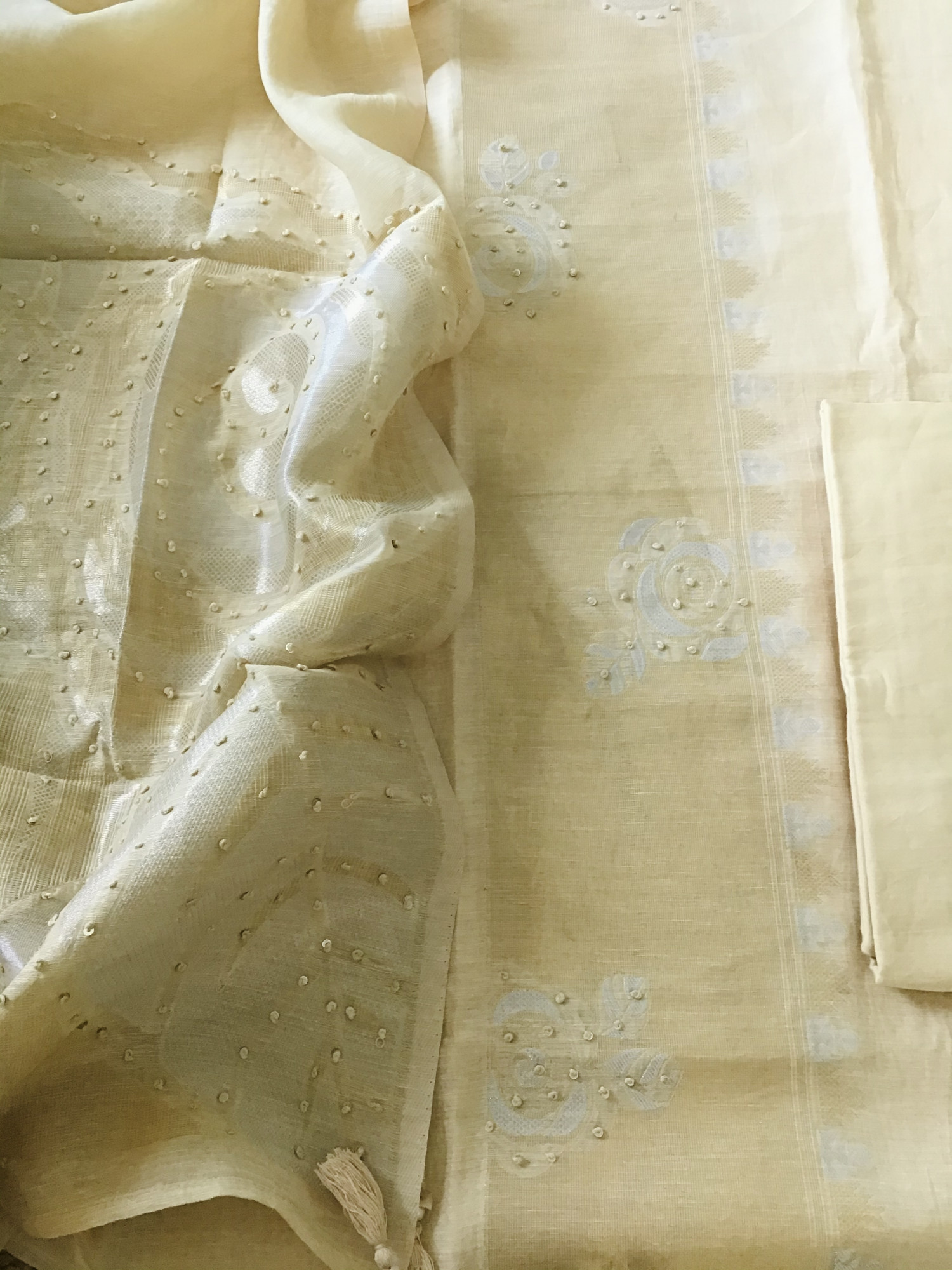 Soft Slub Chanderi Banarasi Weaved Embroidered Suit - Cream