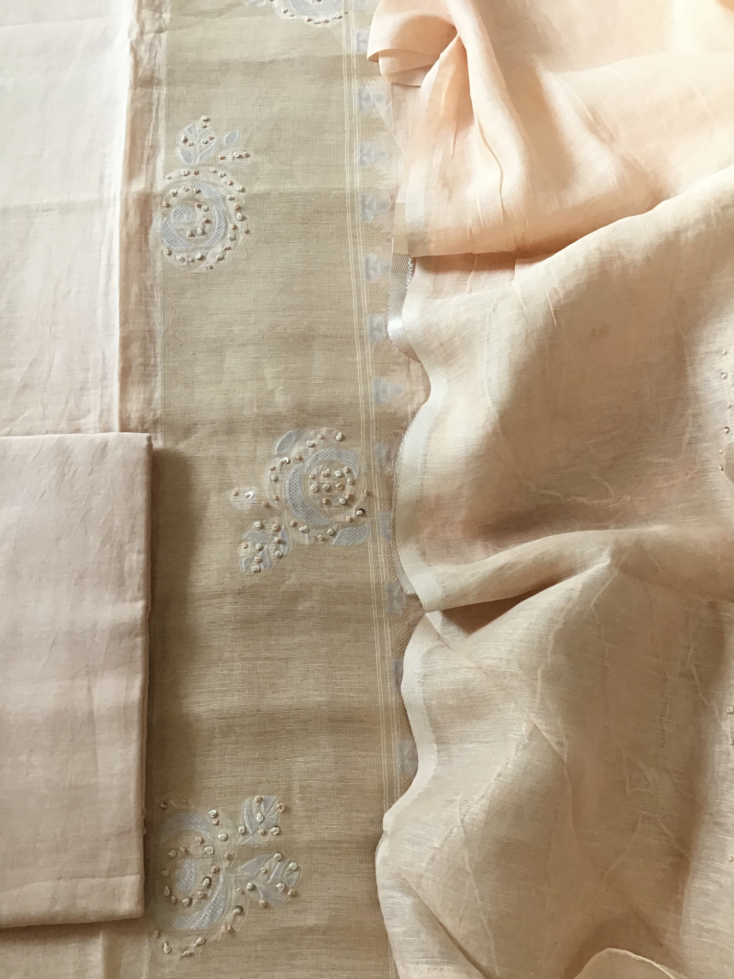 Soft Slub Chanderi Banarasi Weaved Embroidered Suit - Peach