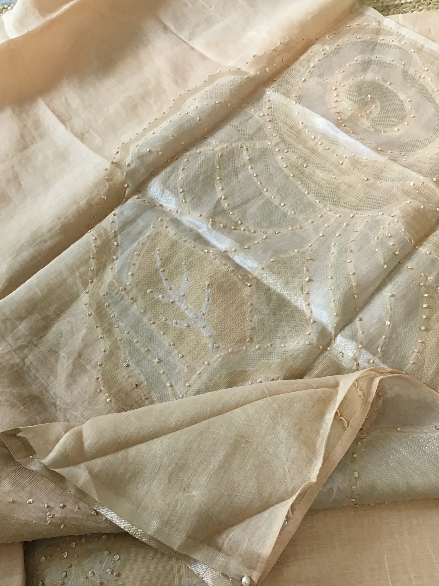 Soft Slub Chanderi Banarasi Weaved Embroidered Suit - Peach