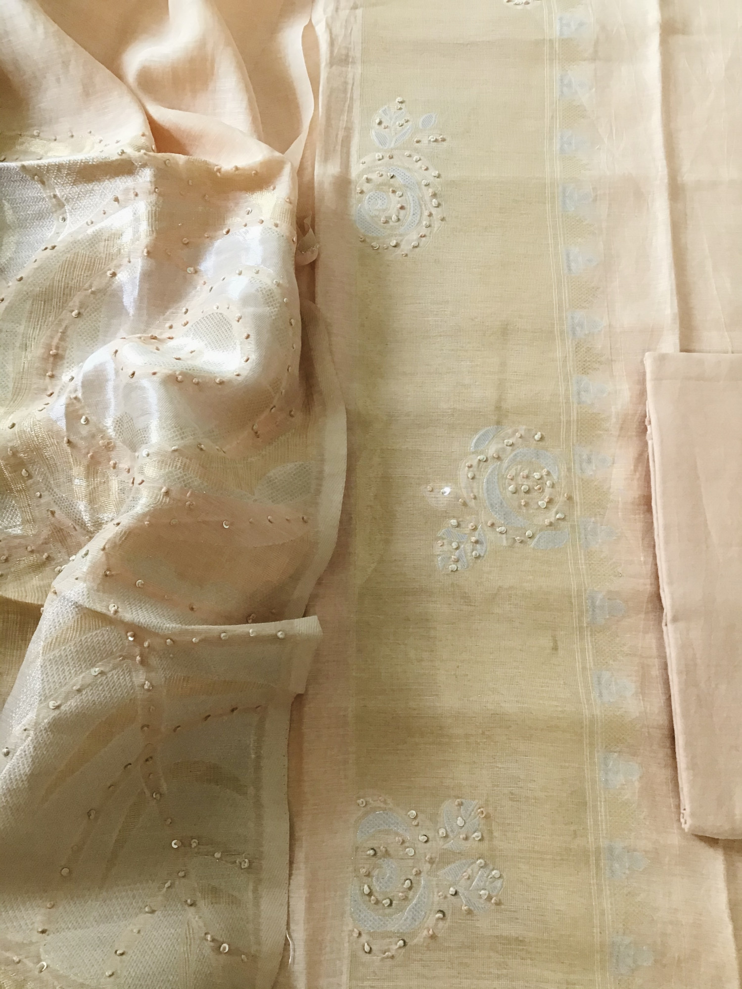 Soft Slub Chanderi Banarasi Weaved Embroidered Suit - Peach