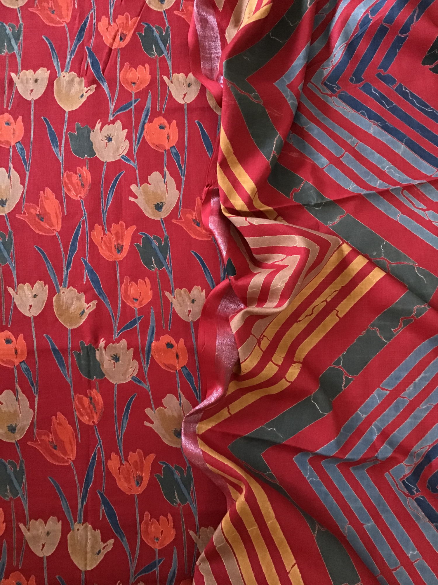 Pure Fine Linen Cotton Silk Printed Suit - Red