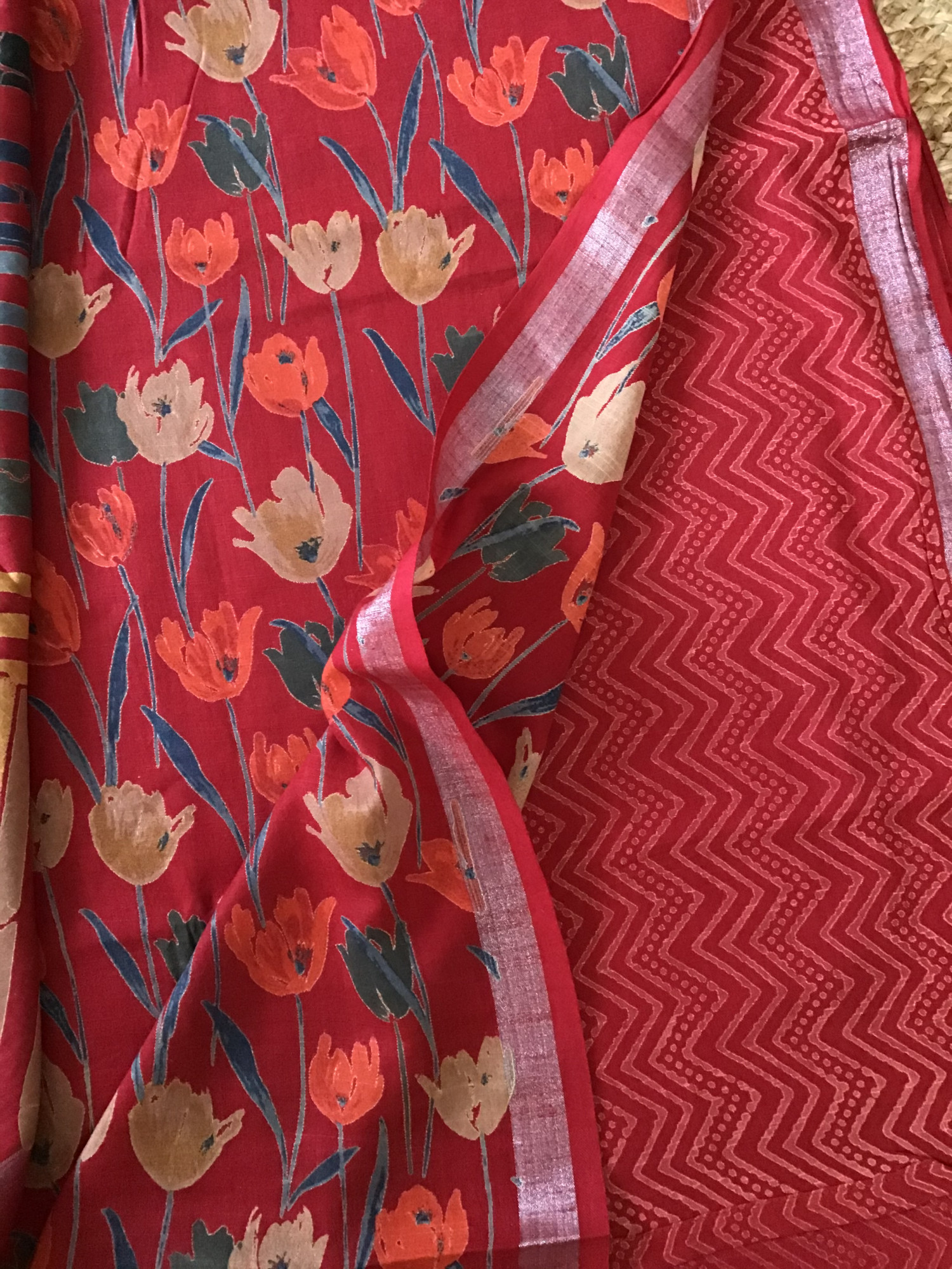 Pure Fine Linen Cotton Silk Printed Suit - Red