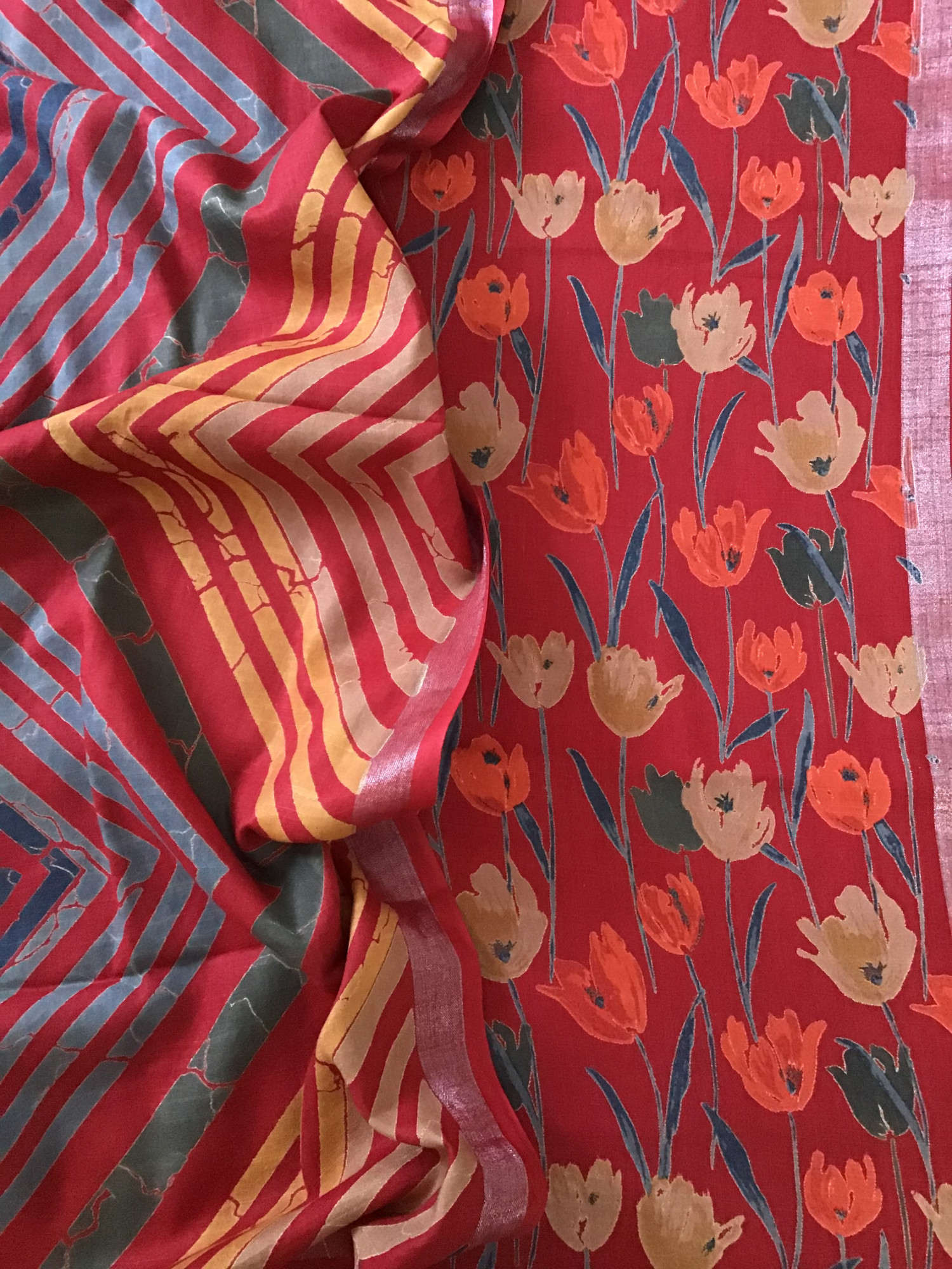 Pure Fine Linen Cotton Silk Printed Suit - Red