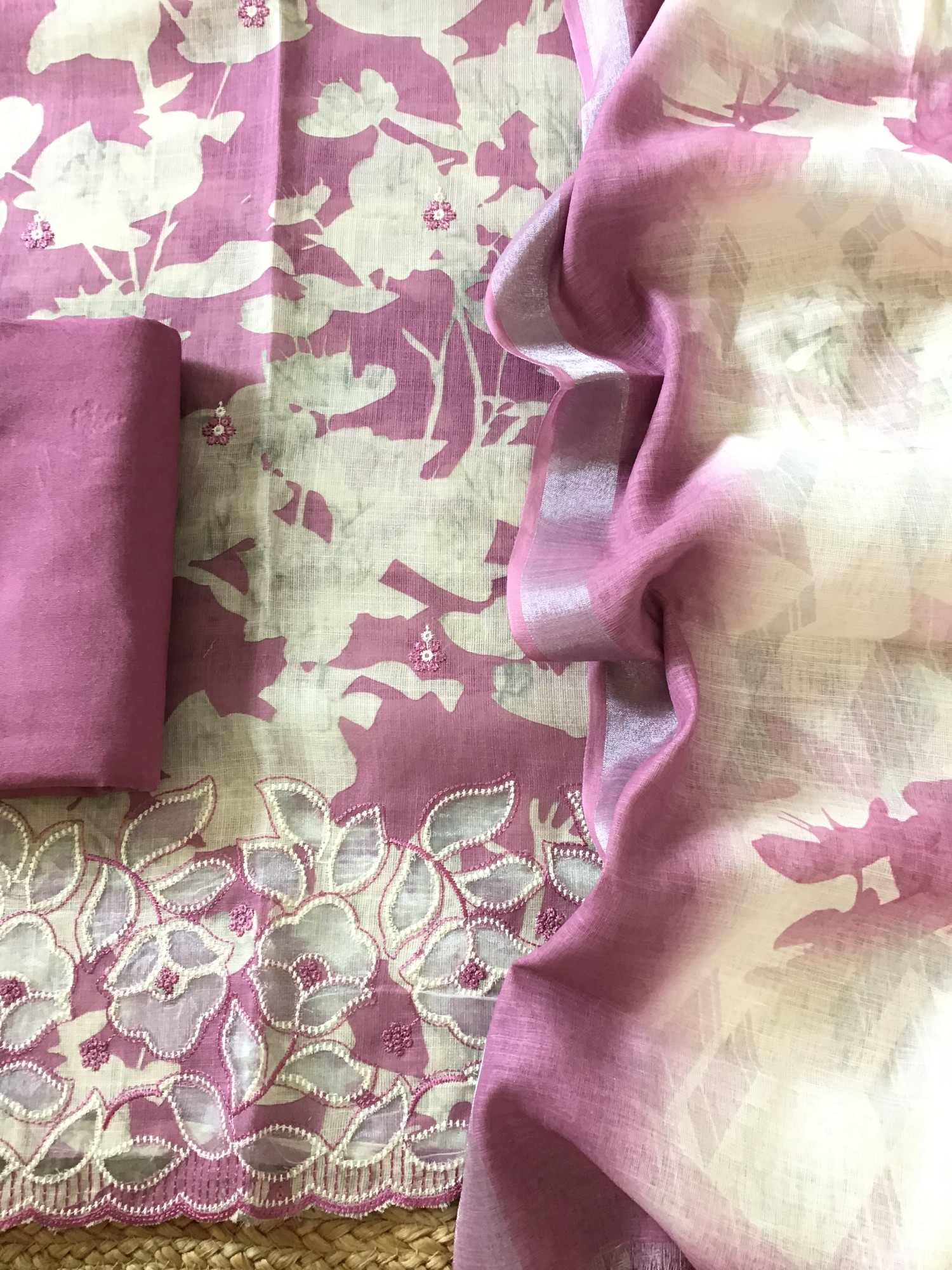 Soft Semi Linen Jute Cotton Printed Embroidered Suit - Pink