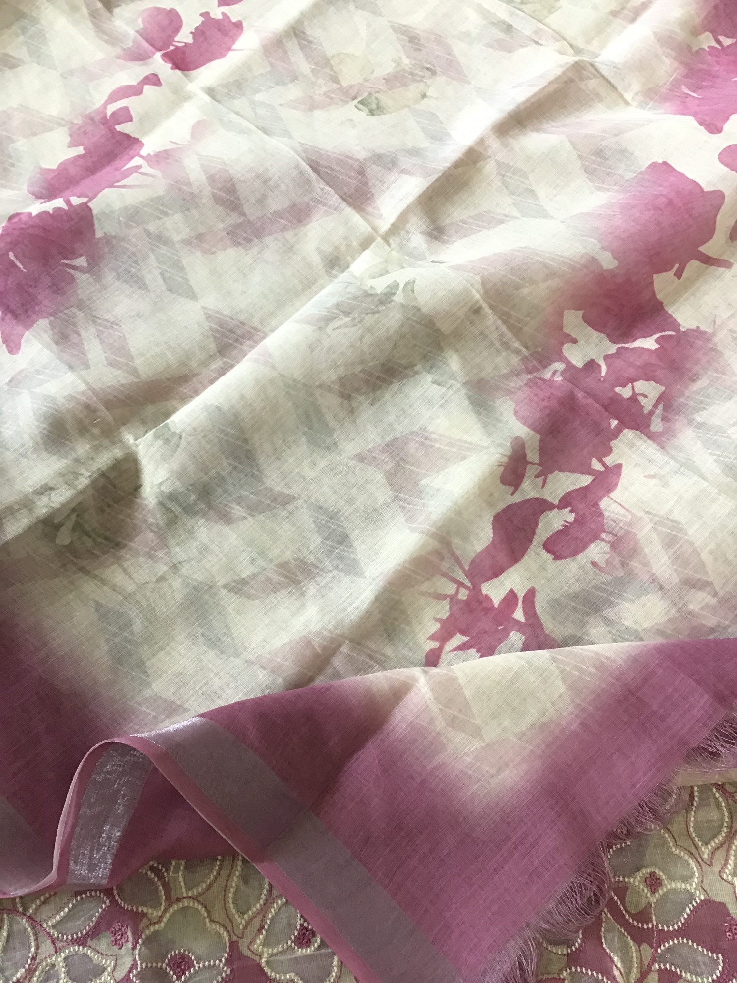 Soft Semi Linen Jute Cotton Printed Embroidered Suit - Pink