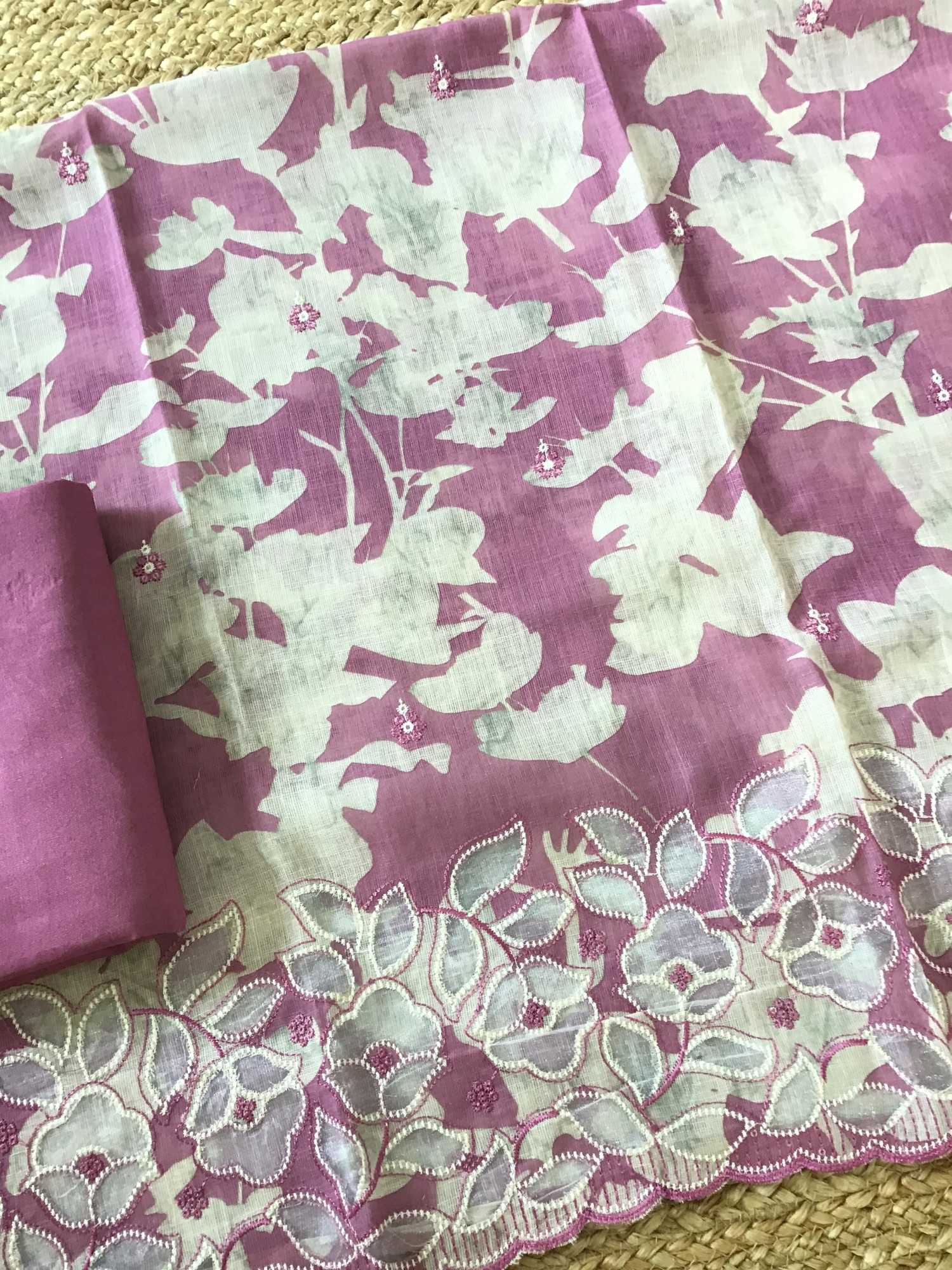 Soft Semi Linen Jute Cotton Printed Embroidered Suit - Pink
