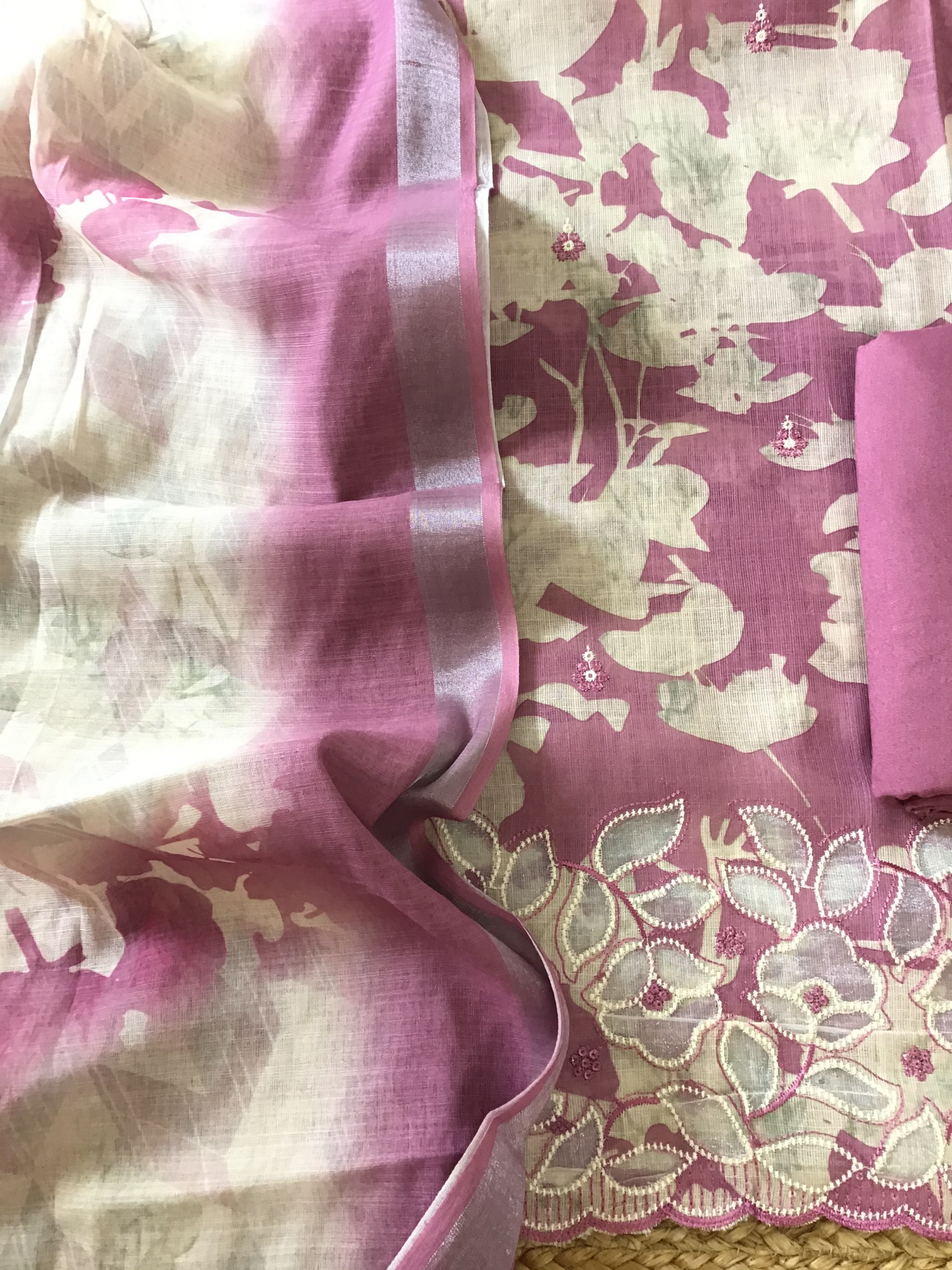 Soft Semi Linen Jute Cotton Printed Embroidered Suit - Pink