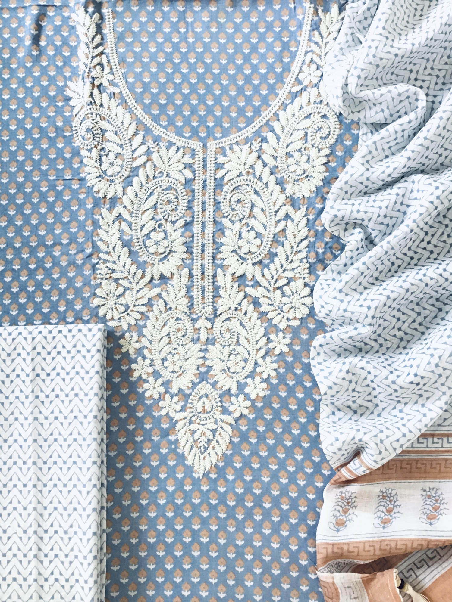 Pure Fine Cotton Printed Embroidered Suit - Blue