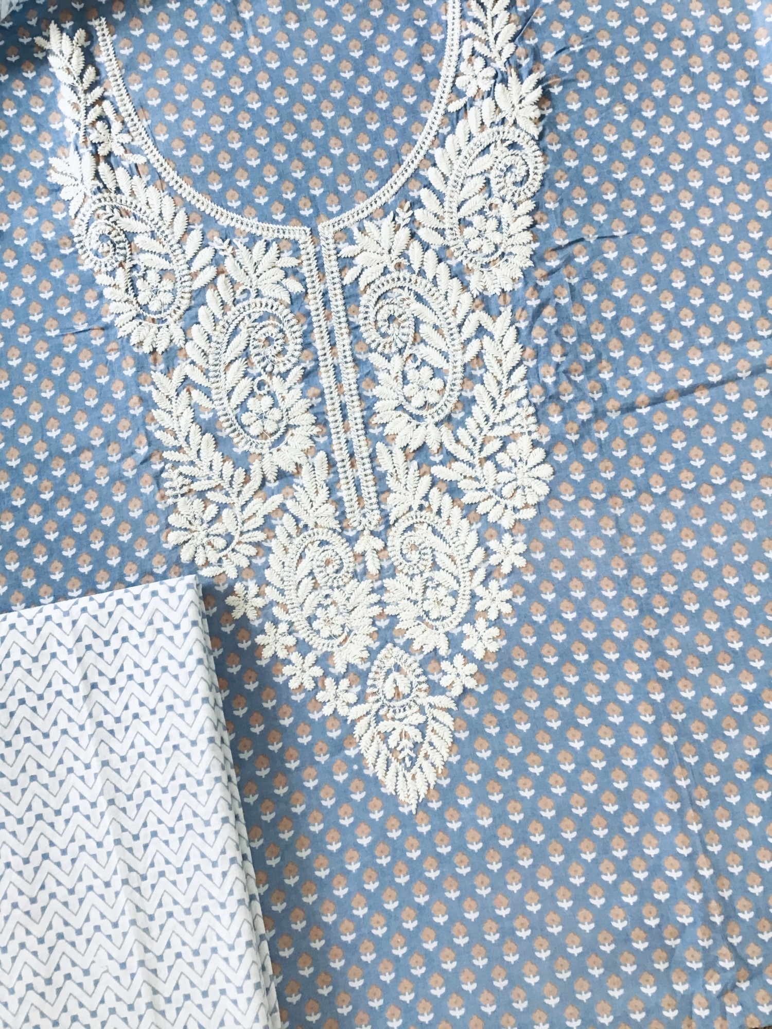 Pure Fine Cotton Printed Embroidered Suit - Blue