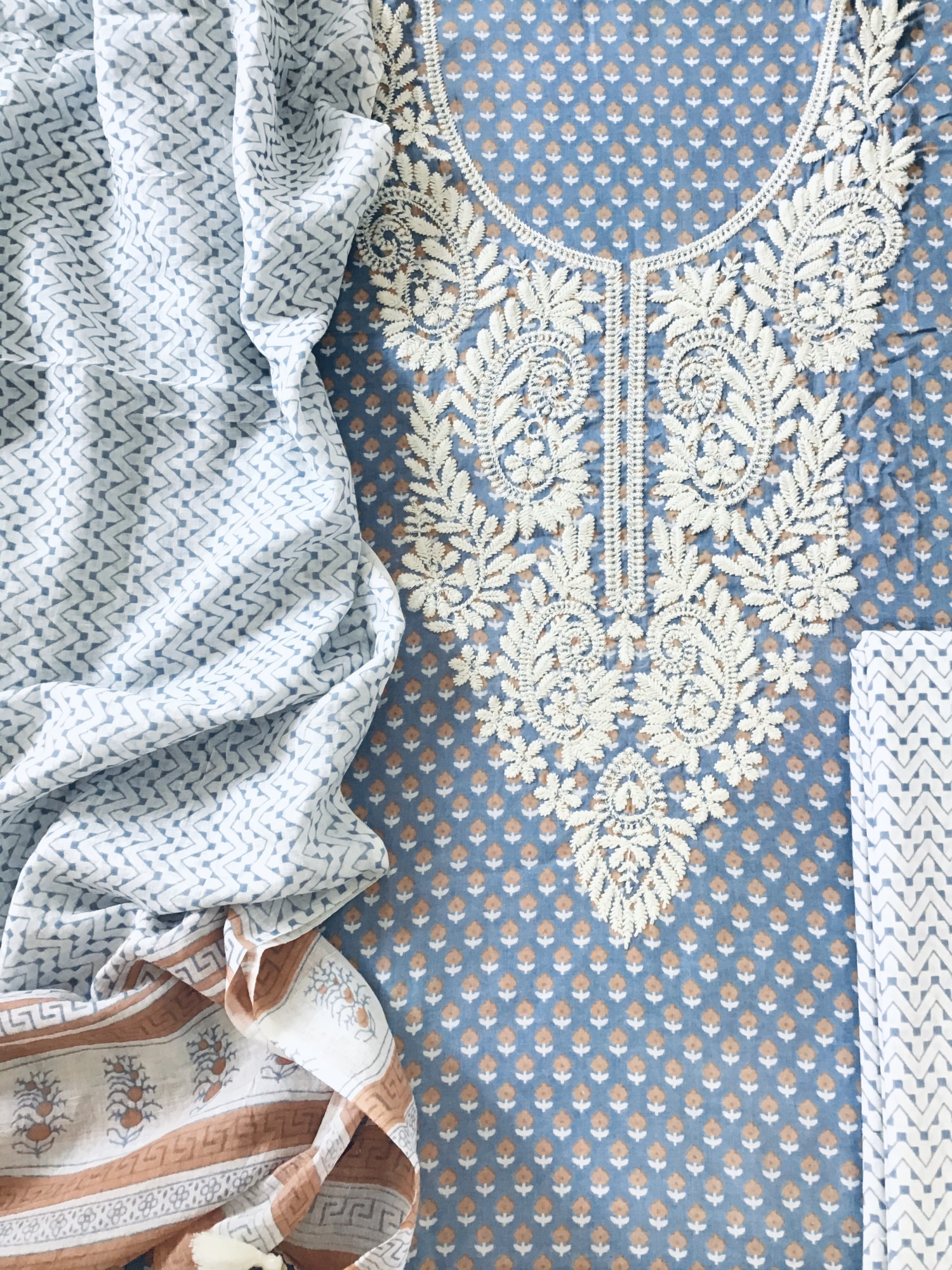 Pure Fine Cotton Printed Embroidered Suit - Blue