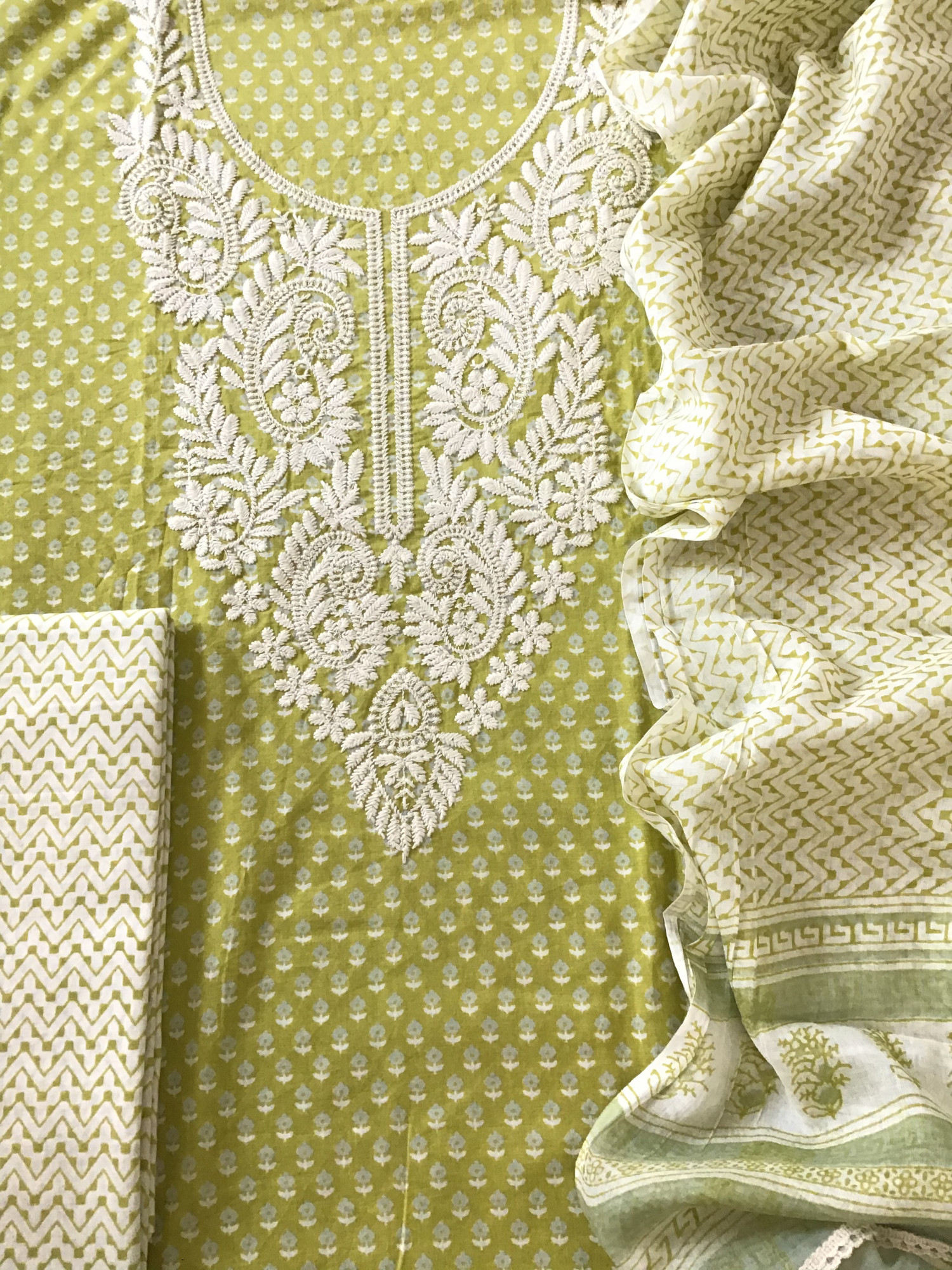 Pure Fine Cotton Printed Embroidered Suit - Green