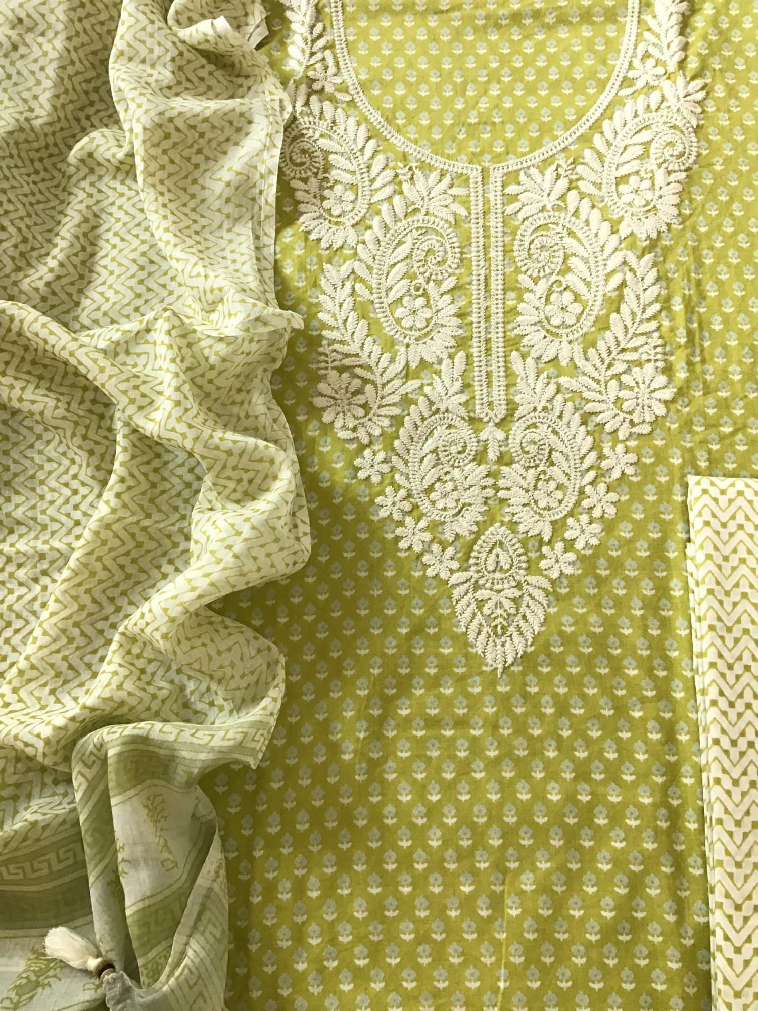 Pure Fine Cotton Printed Embroidered Suit - Green