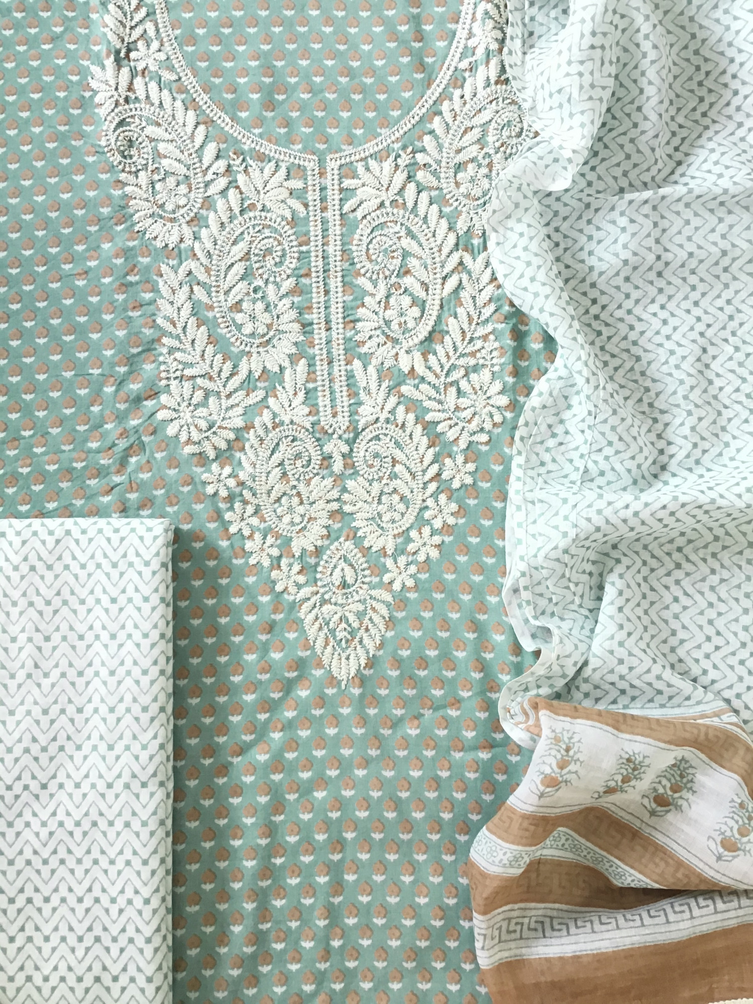 Pure Fine Cotton Printed Embroidered Suit - Sea Green