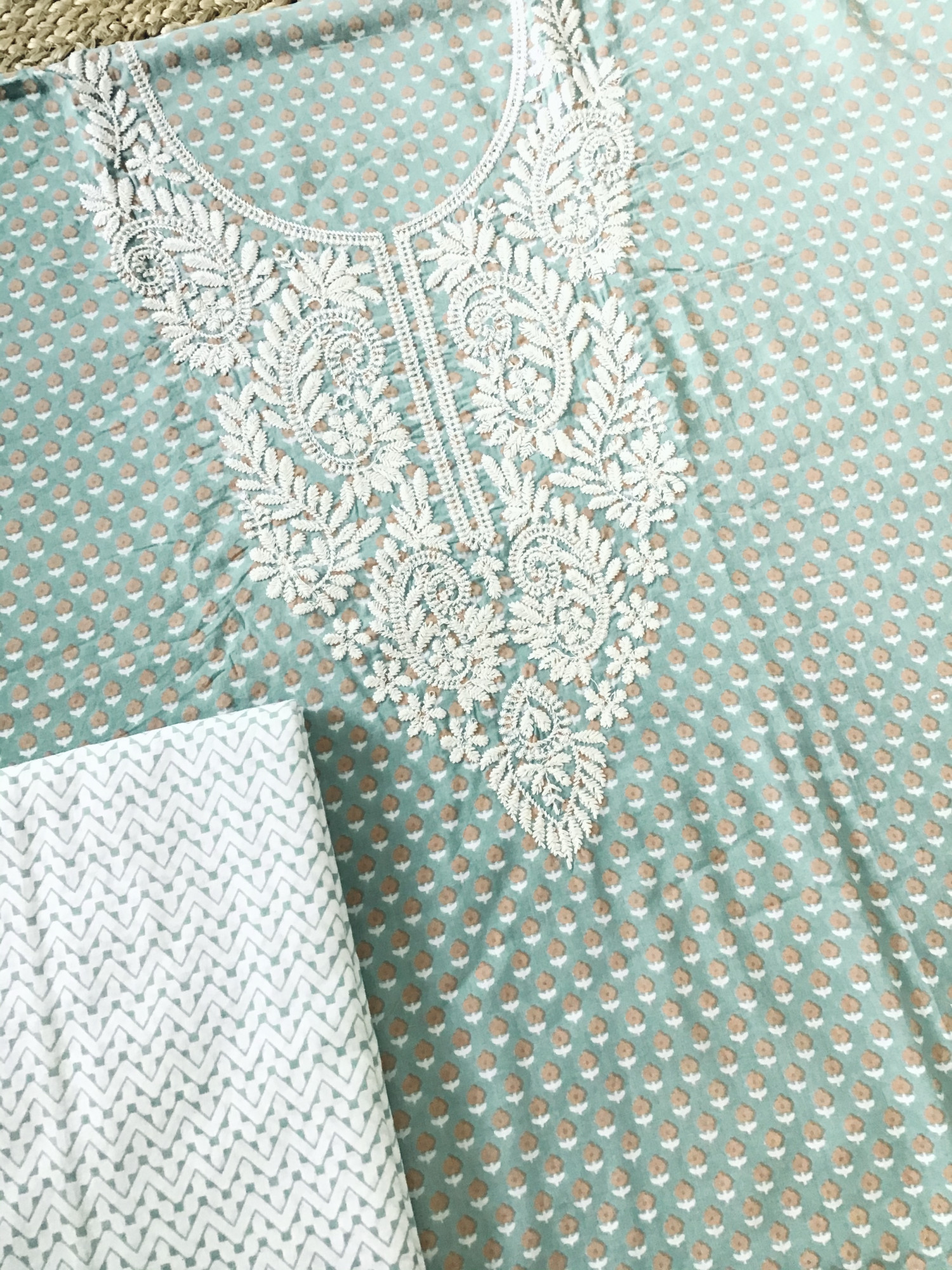 Pure Fine Cotton Printed Embroidered Suit - Sea Green