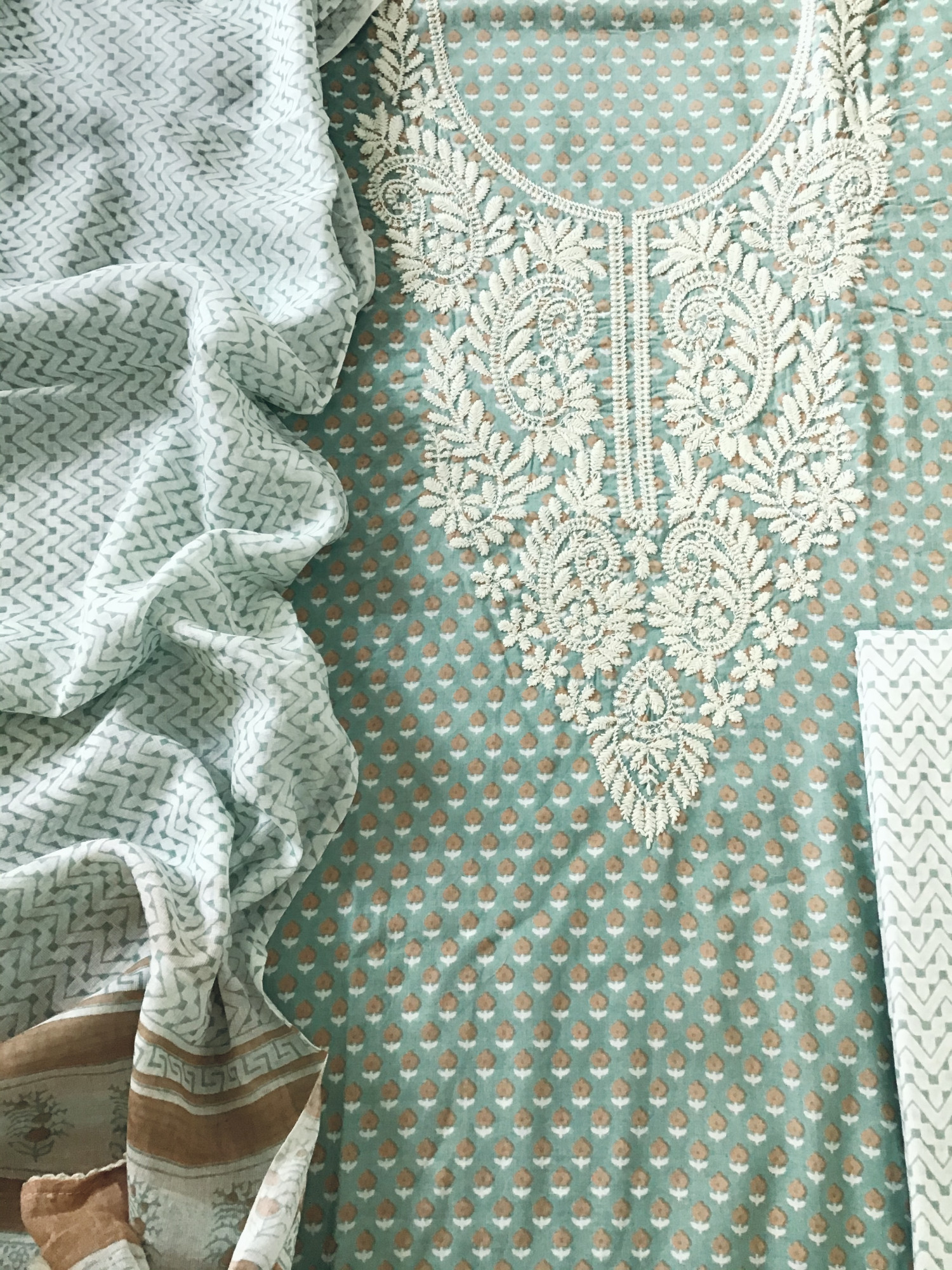 Pure Fine Cotton Printed Embroidered Suit - Sea Green