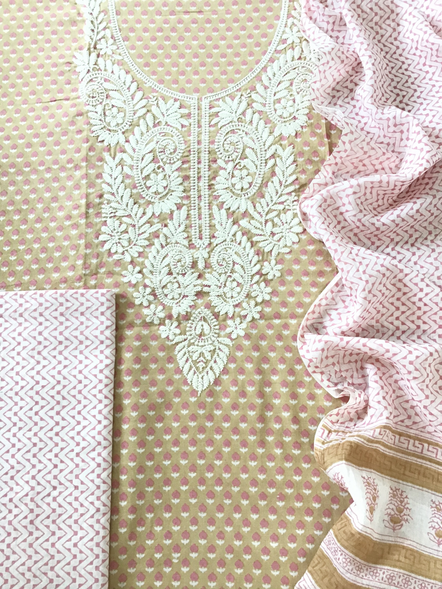 Pure Fine Cotton Printed Embroidered Suit - Brown