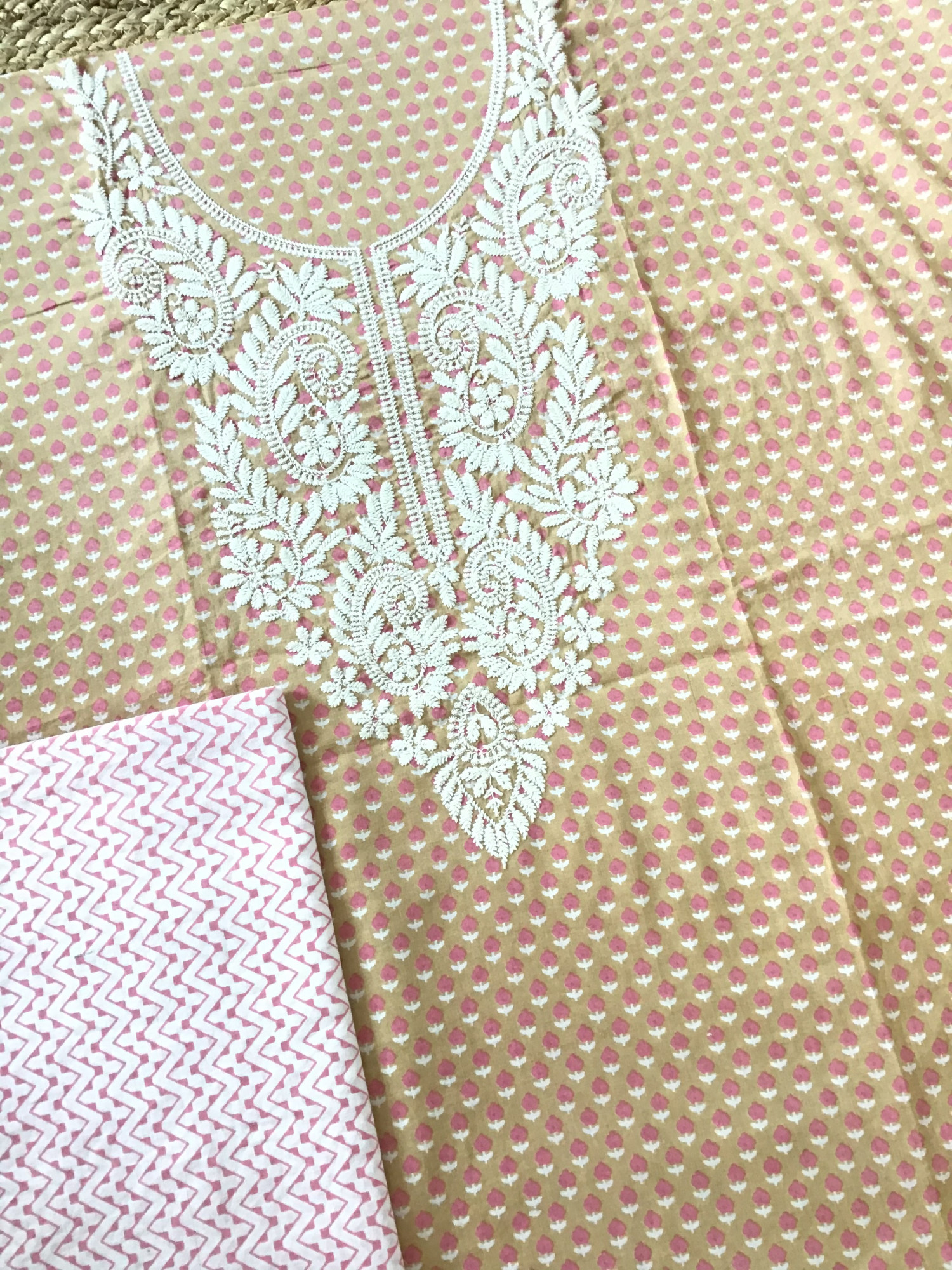 Pure Fine Cotton Printed Embroidered Suit - Brown