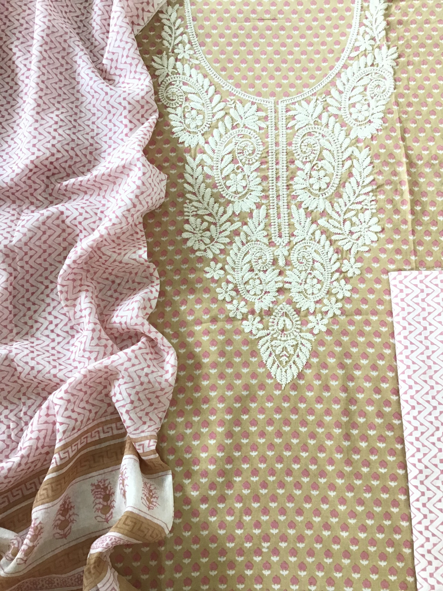 Pure Fine Cotton Printed Embroidered Suit - Brown