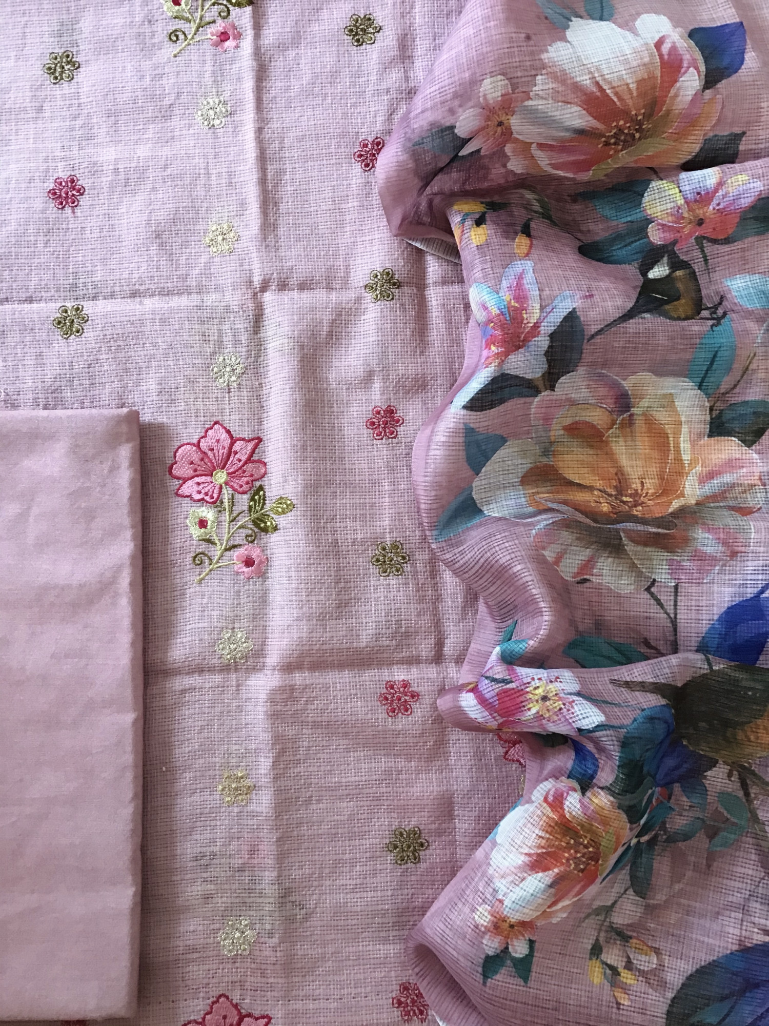 Soft Kota Silk Embroidered Suit - Pink