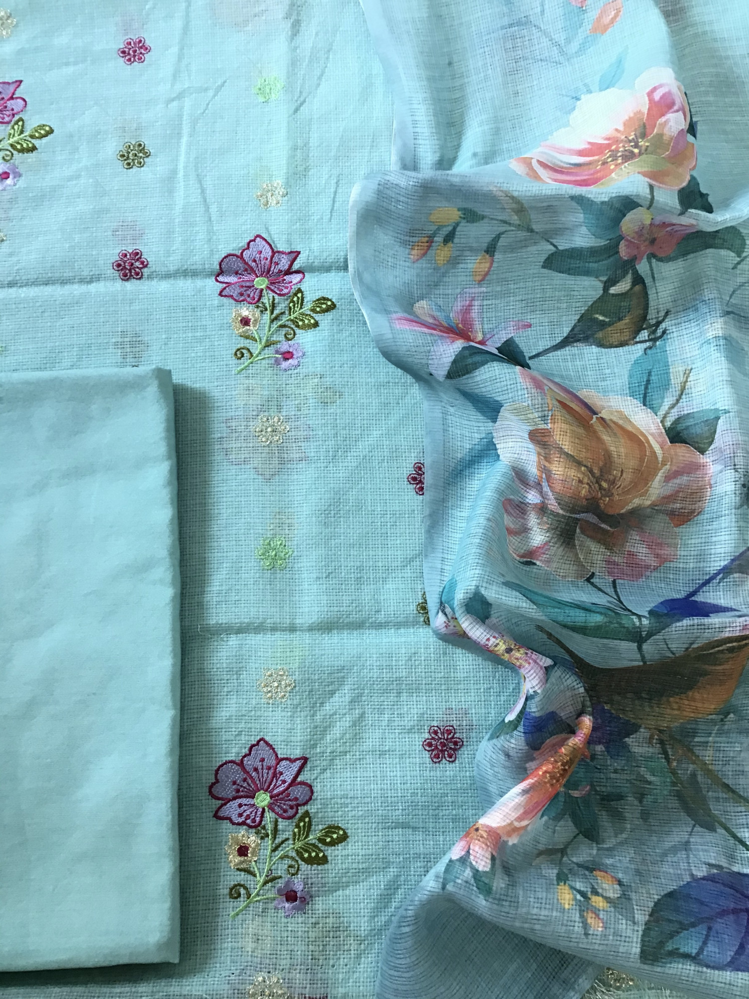 Soft Kota Silk Embroidered Suit - Blue