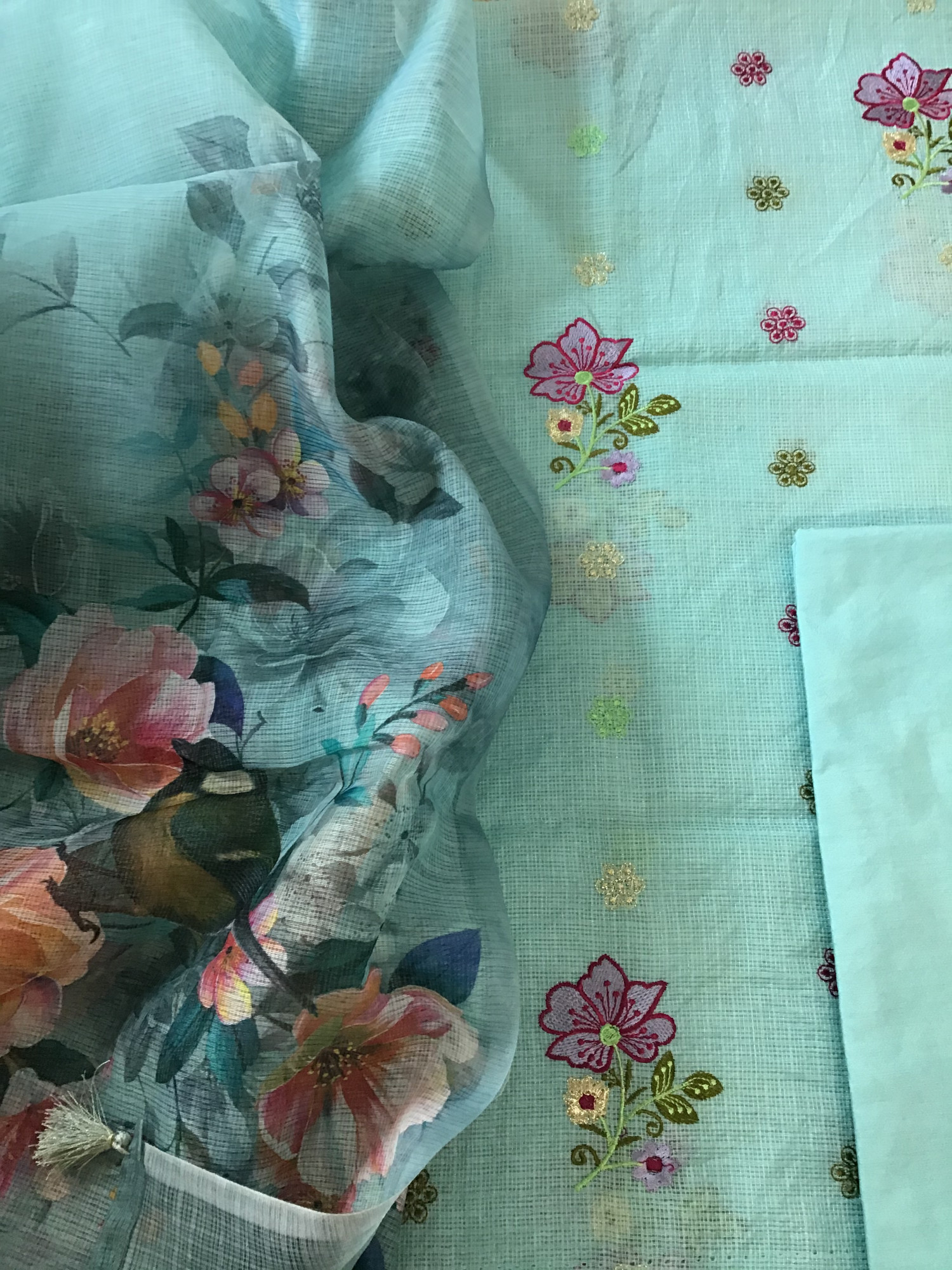 Soft Kota Silk Embroidered Suit - Blue