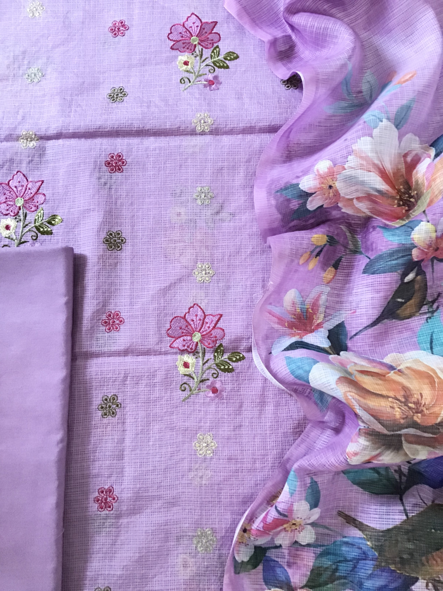 Soft Kota Silk Embroidered Suit - Purple