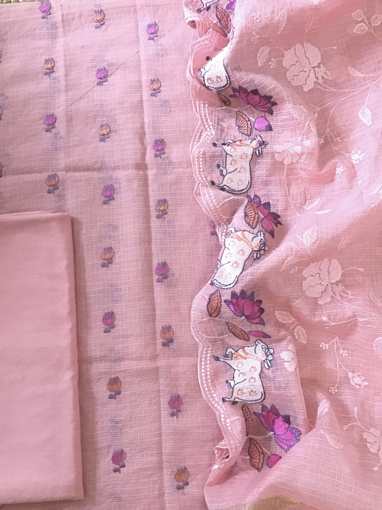 Soft Kota Silk Embroidered Suit - Peach