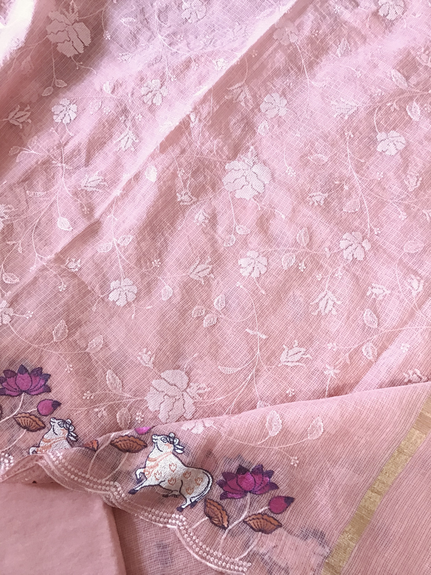 Soft Kota Silk Embroidered Suit - Peach