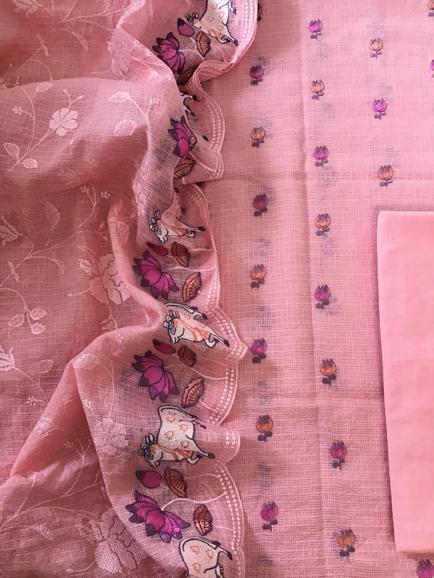 Soft Kota Silk Embroidered Suit - Peach