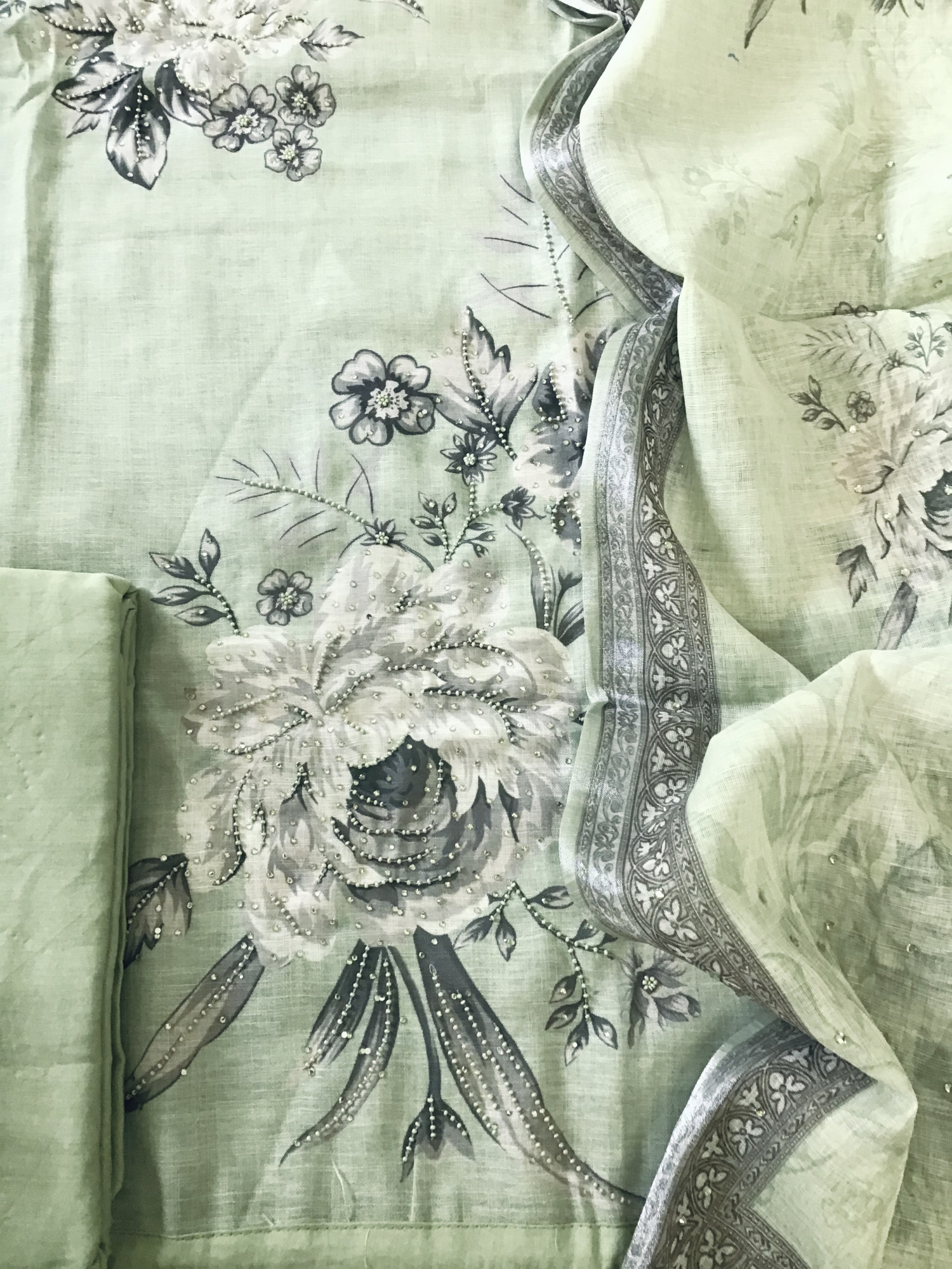 Soft Linen Jute Cotton Printed Embroidered Suit - Green