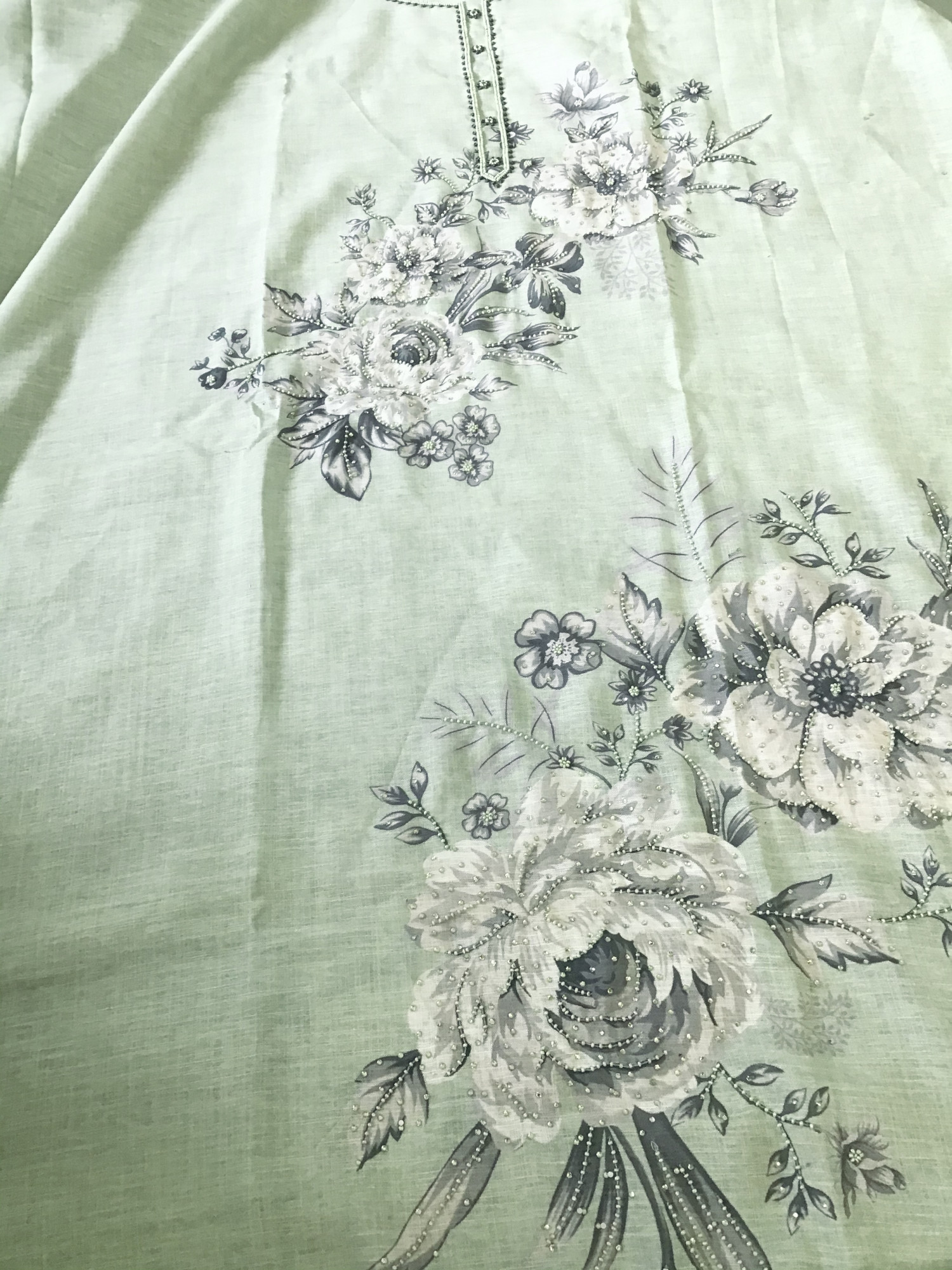 Soft Linen Jute Cotton Printed Embroidered Suit - Green