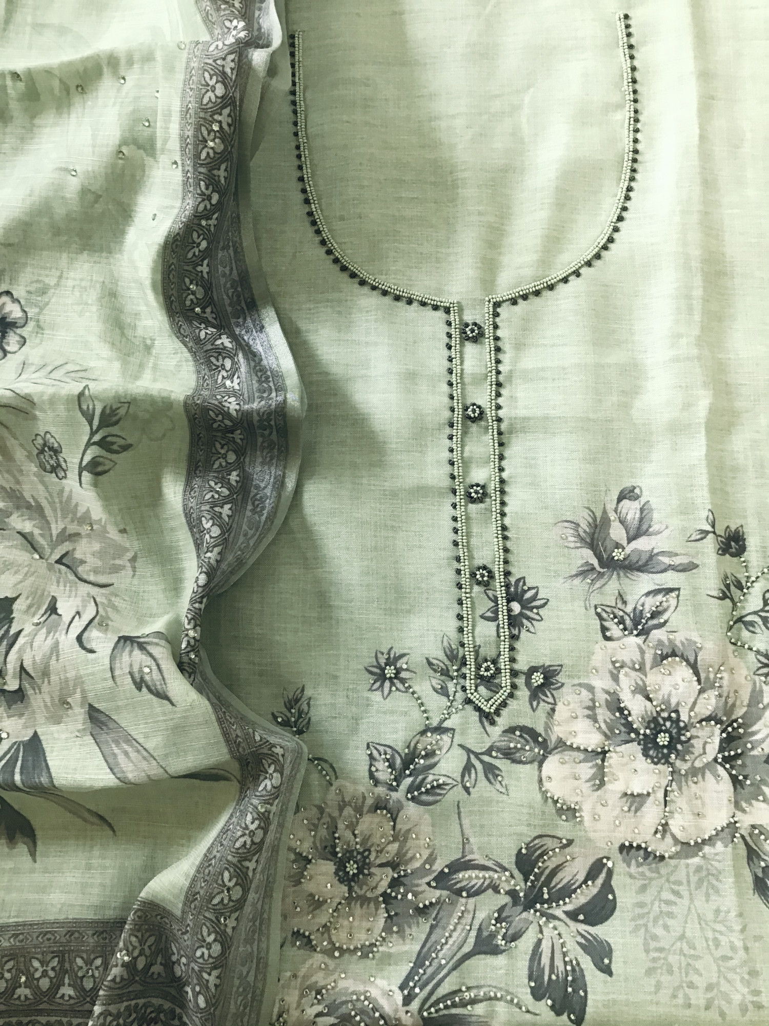 Soft Linen Jute Cotton Printed Embroidered Suit - Green