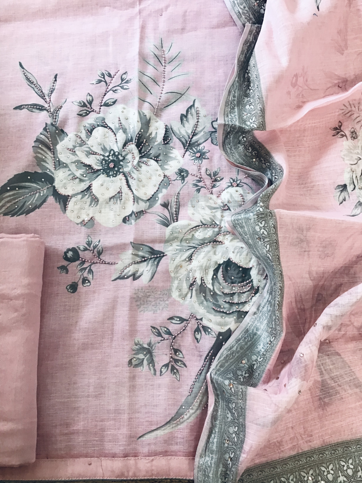 Soft Linen Jute Cotton Printed Embroidered Suit - Pink